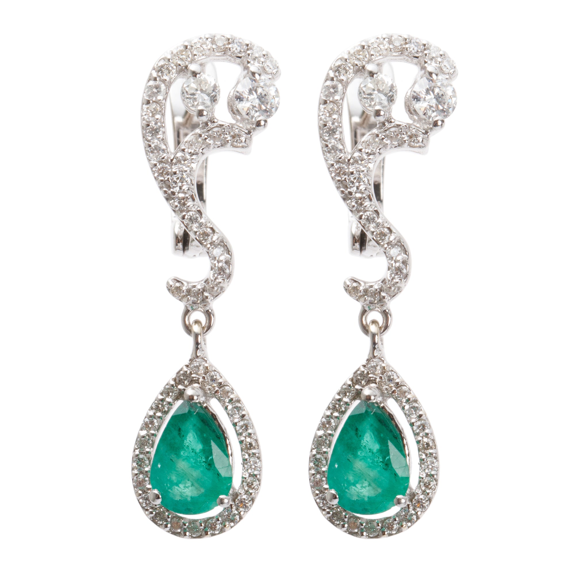 18k White Gold Emerald & Diamond Drop Earrings