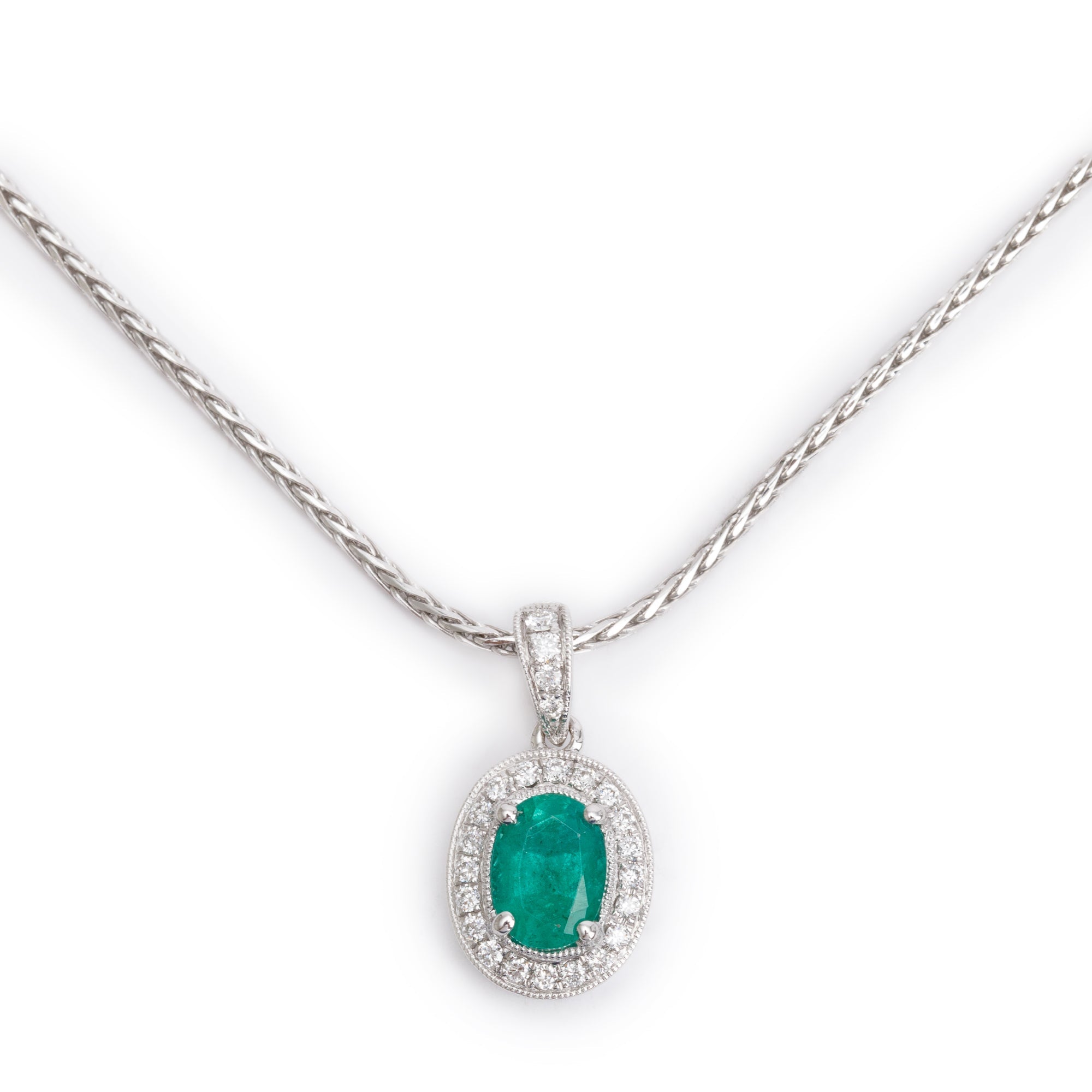 18k White Gold Emerald & Diamond Pendant on 14k White Gold Chain Necklace