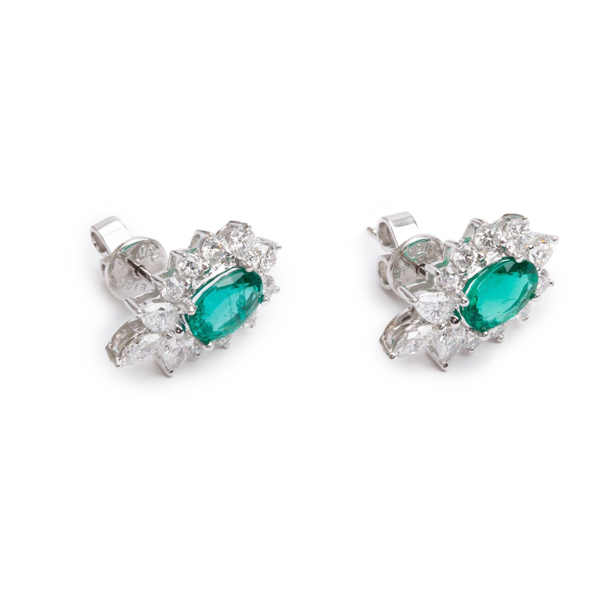 18k White Gold Emerald & Diamond Stud Earrings