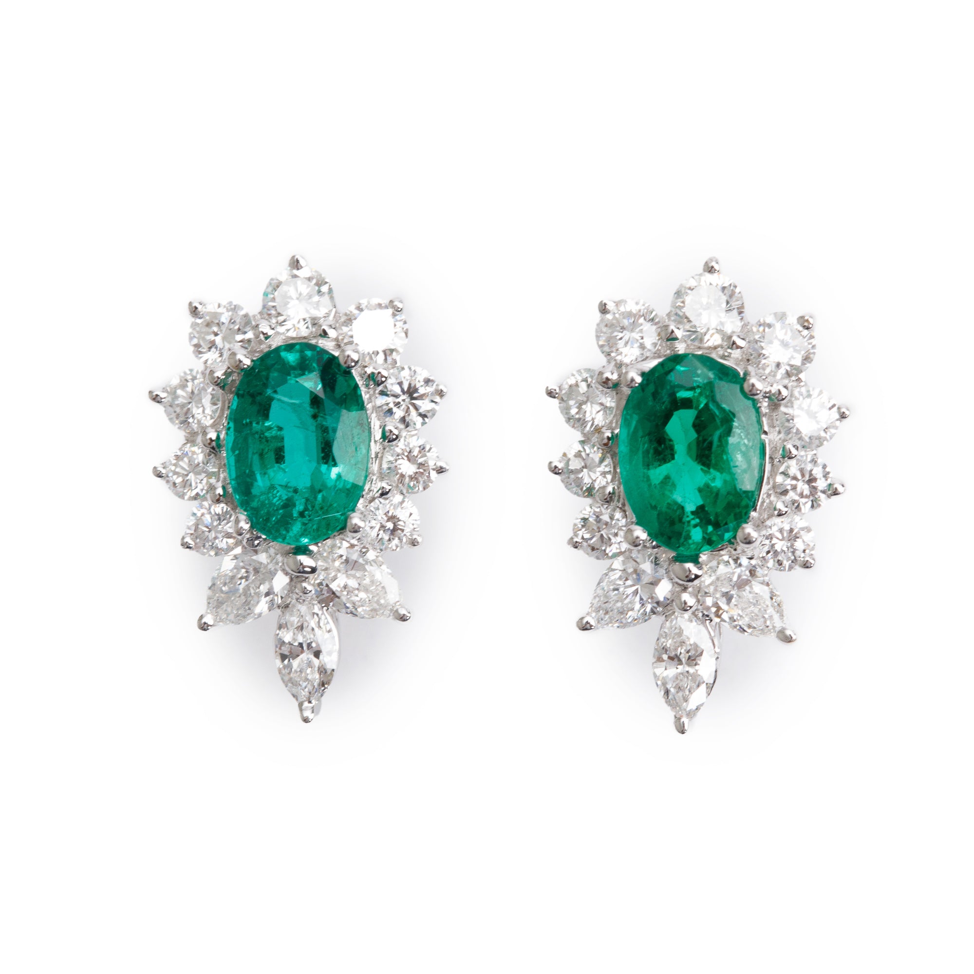 18k White Gold Emerald & Diamond Stud Earrings