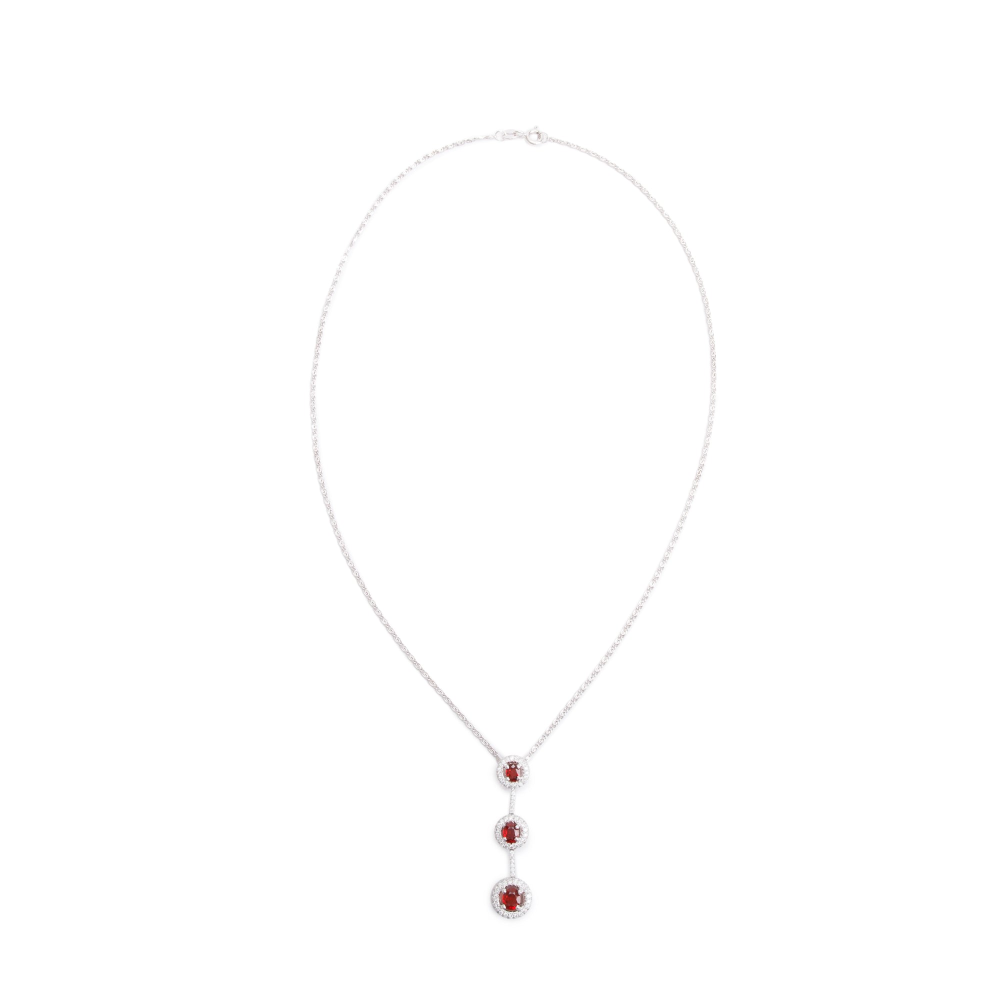 18k White Gold Ruby & Diamond Drop Pendant Necklace