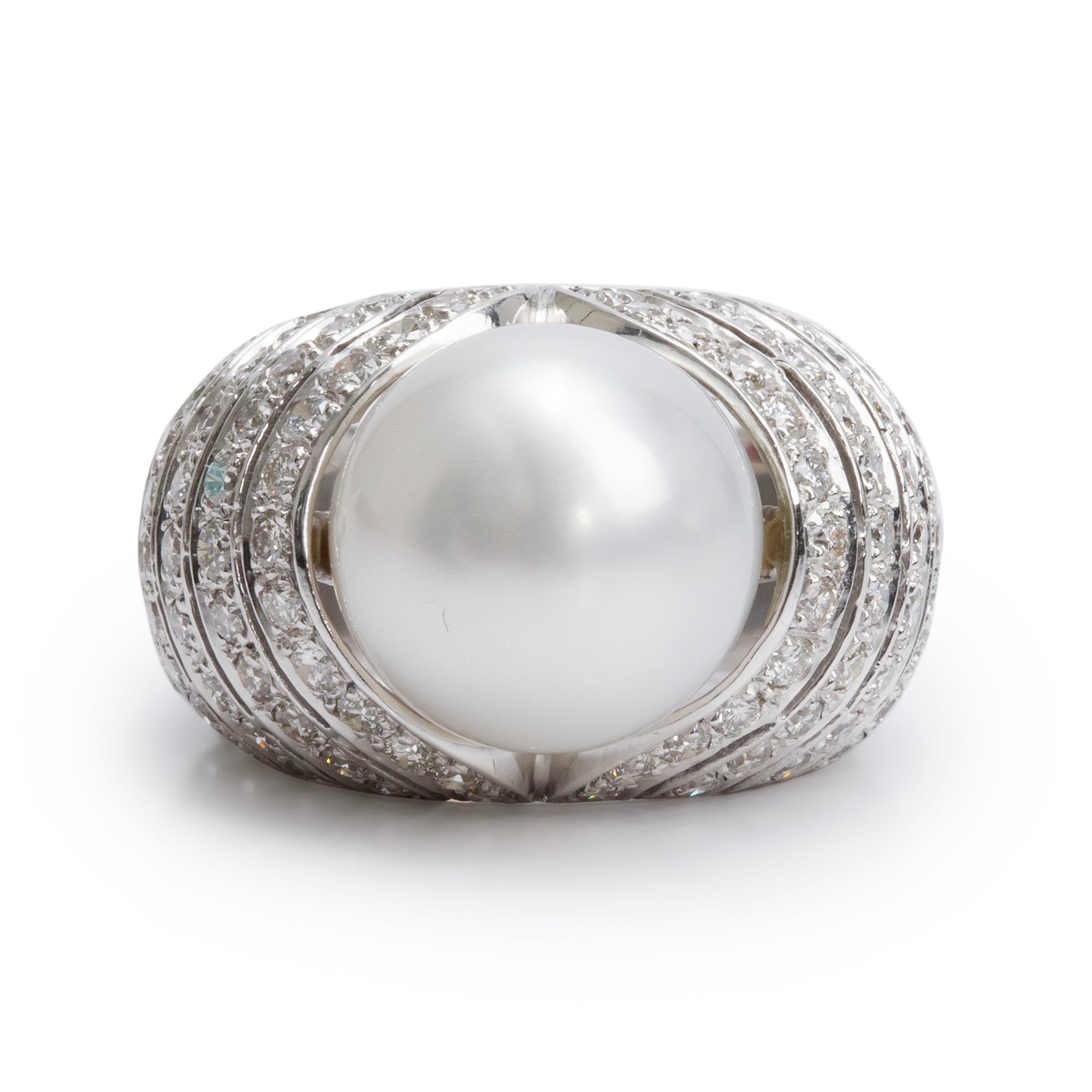 18k White Gold South Sea Pearl & Diamond Ring, Size 5