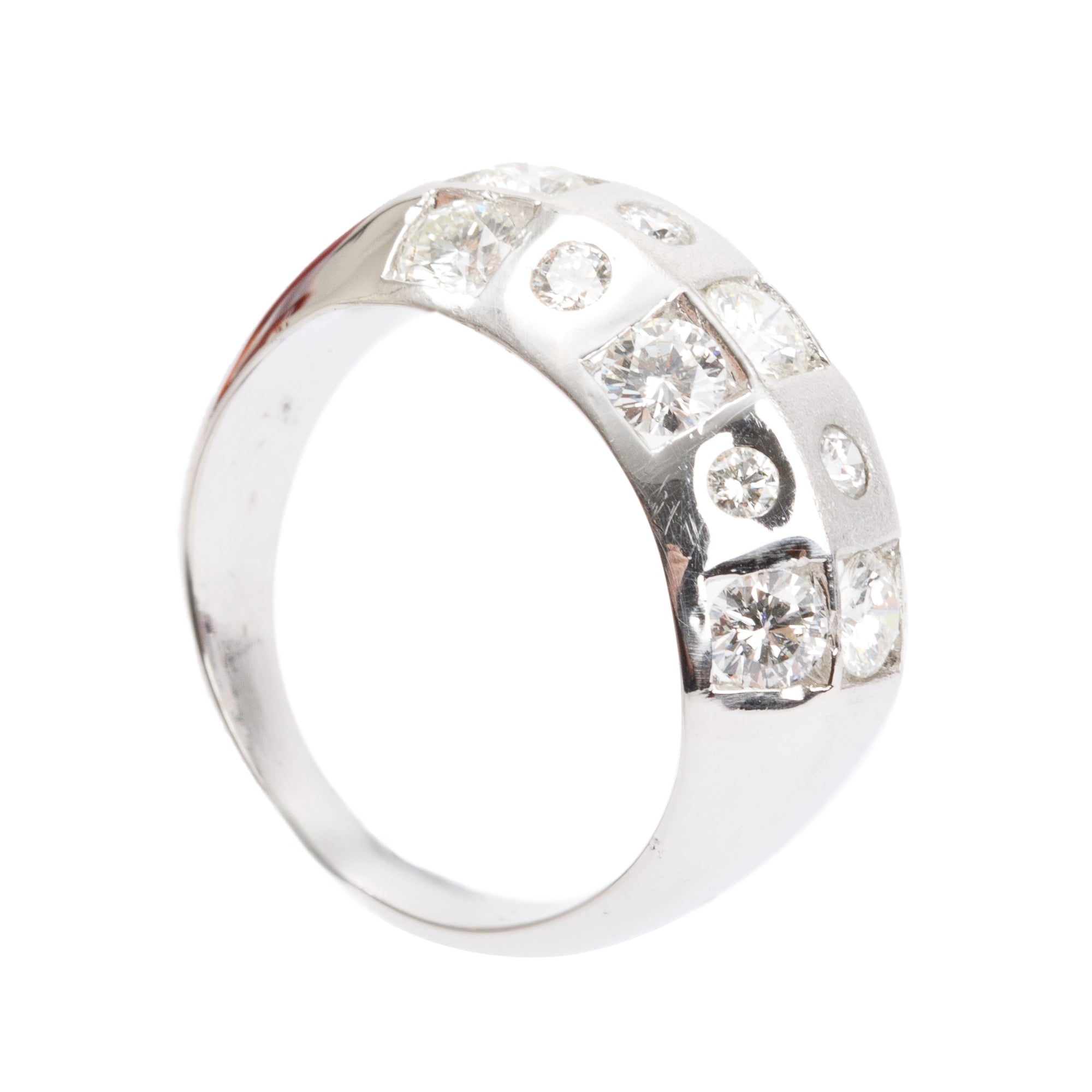 18k White Gold Three-Row Diamond Band Ring, Size 5.75