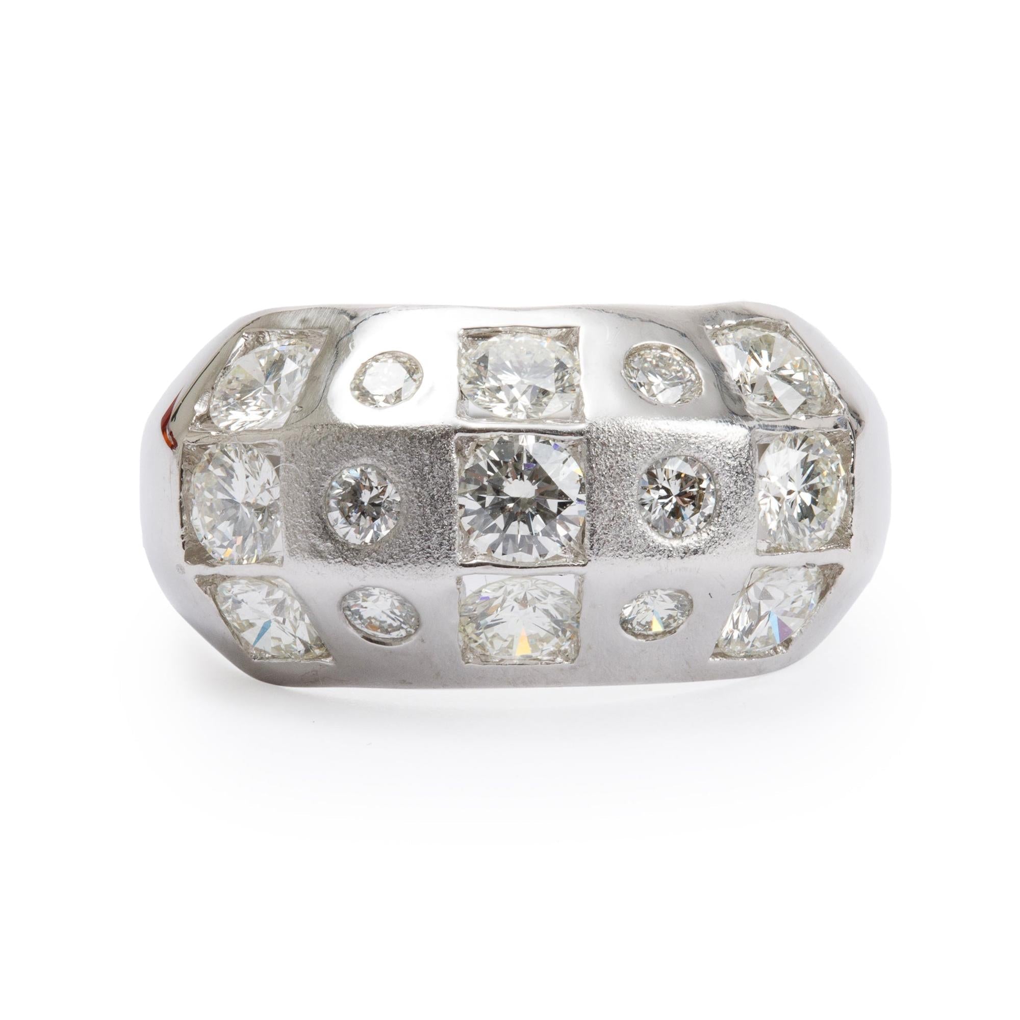 18k White Gold Three-Row Diamond Band Ring, Size 5.75