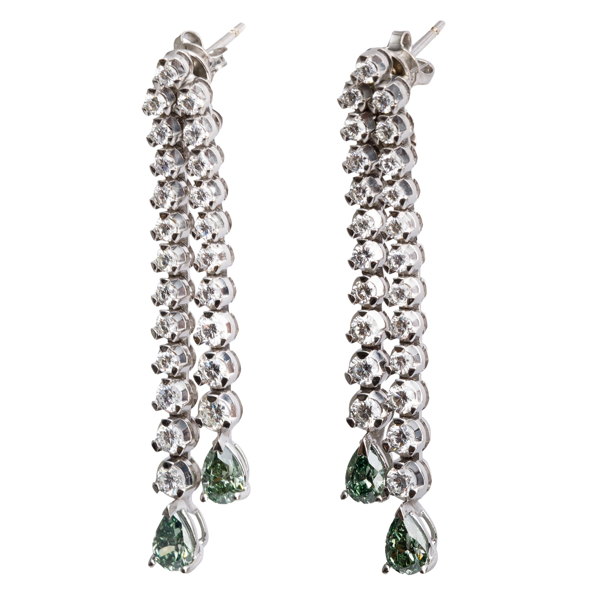 18k White Gold Two-Row Natural Green & White Diamond Drop Earrings