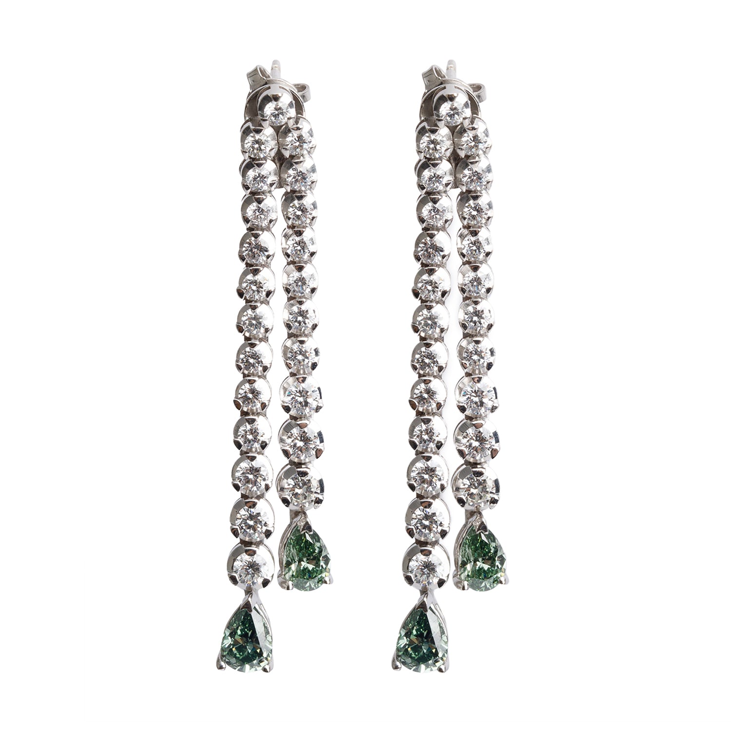 18k White Gold Two-Row Natural Green & White Diamond Drop Earrings