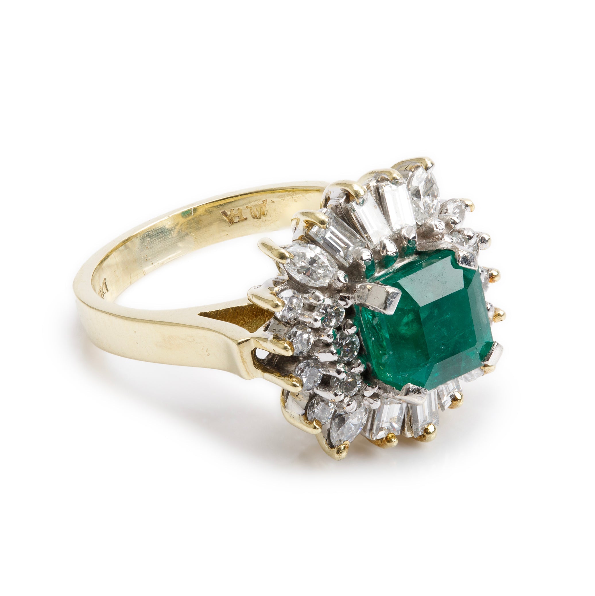 18k Yellow Gold Emerald & Diamond Cocktail Ring, Size 6