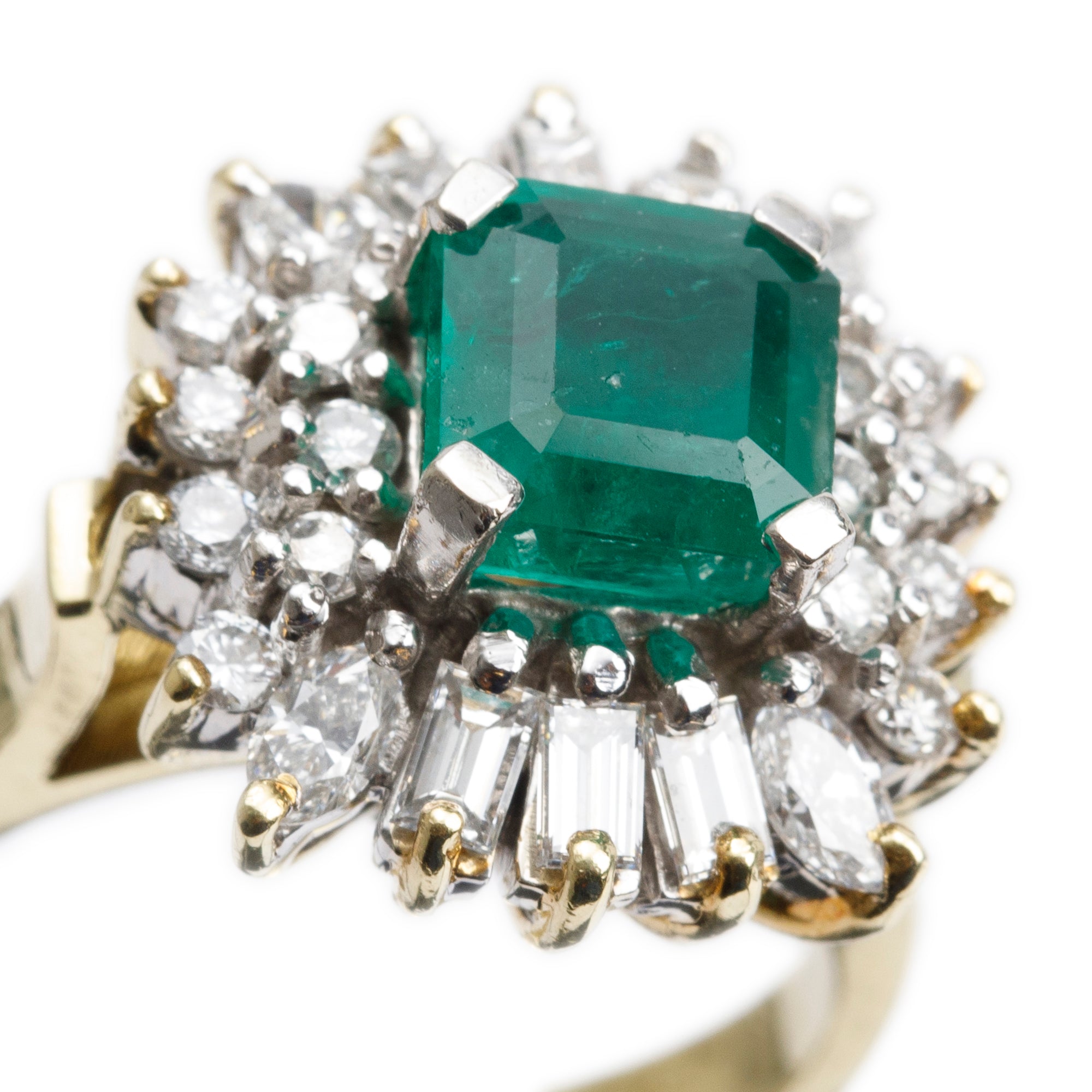 18k Yellow Gold Emerald & Diamond Cocktail Ring, Size 6
