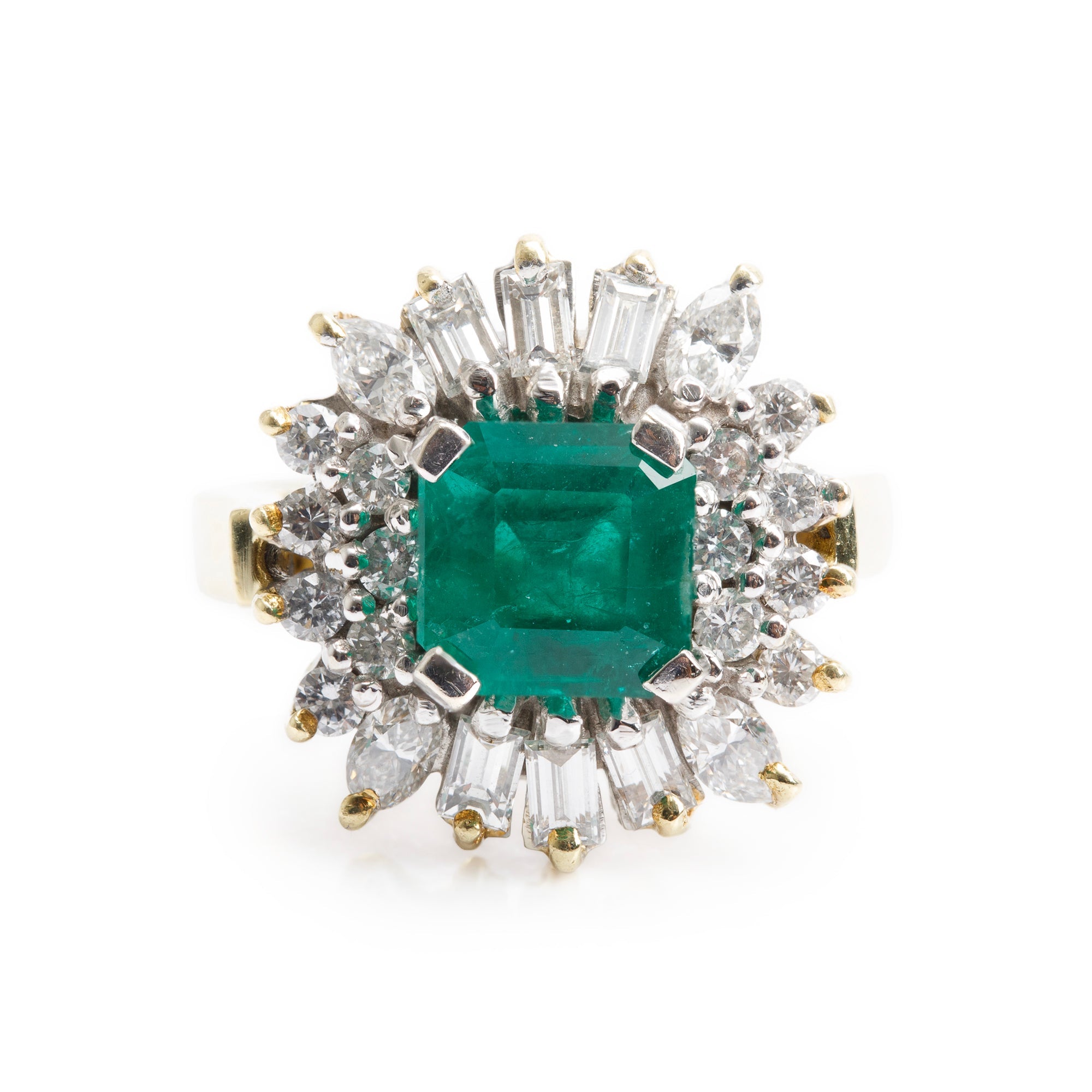 18k Yellow Gold Emerald & Diamond Cocktail Ring, Size 6