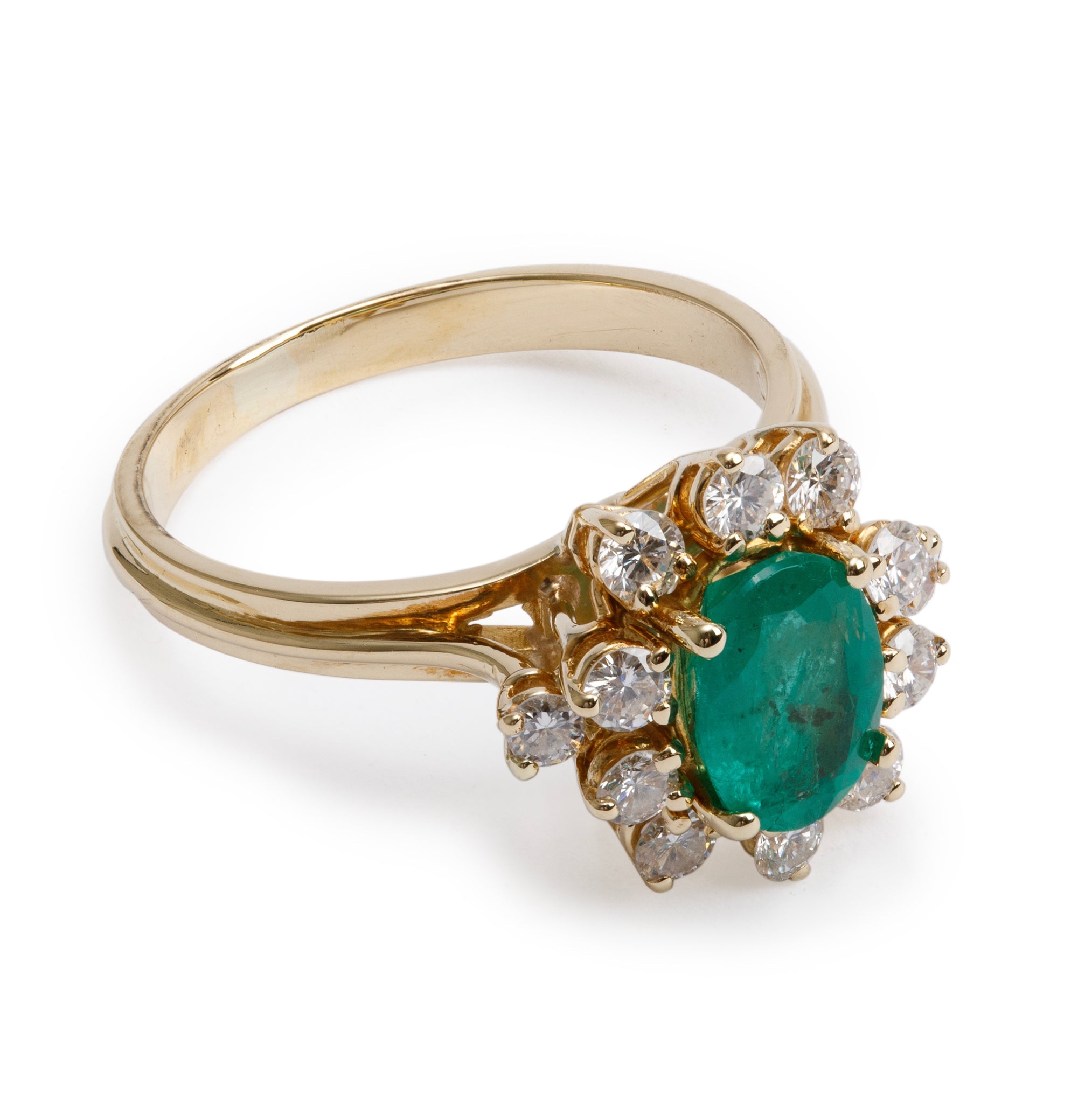 18k Yellow Gold Emerald & Diamond Cocktail Ring, Size 6.25