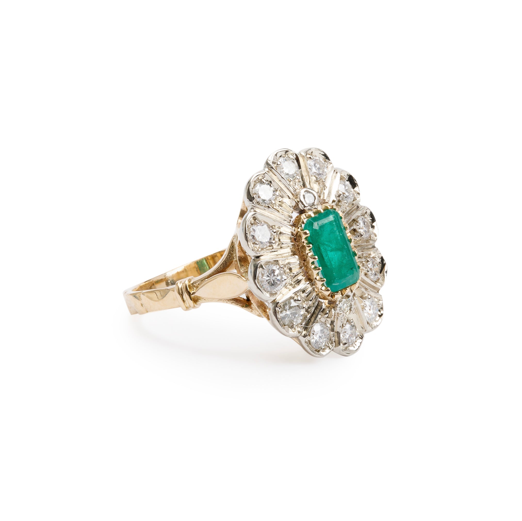 18k Yellow Gold Emerald & Diamond Cocktail Ring, Size 7.25