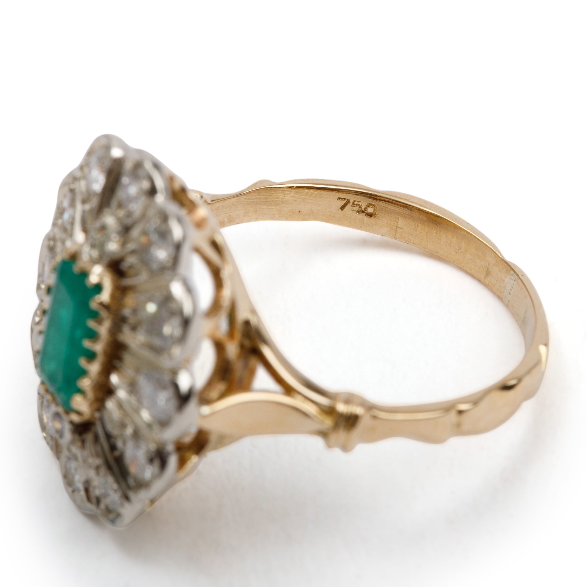 18k Yellow Gold Emerald & Diamond Cocktail Ring, Size 7.25