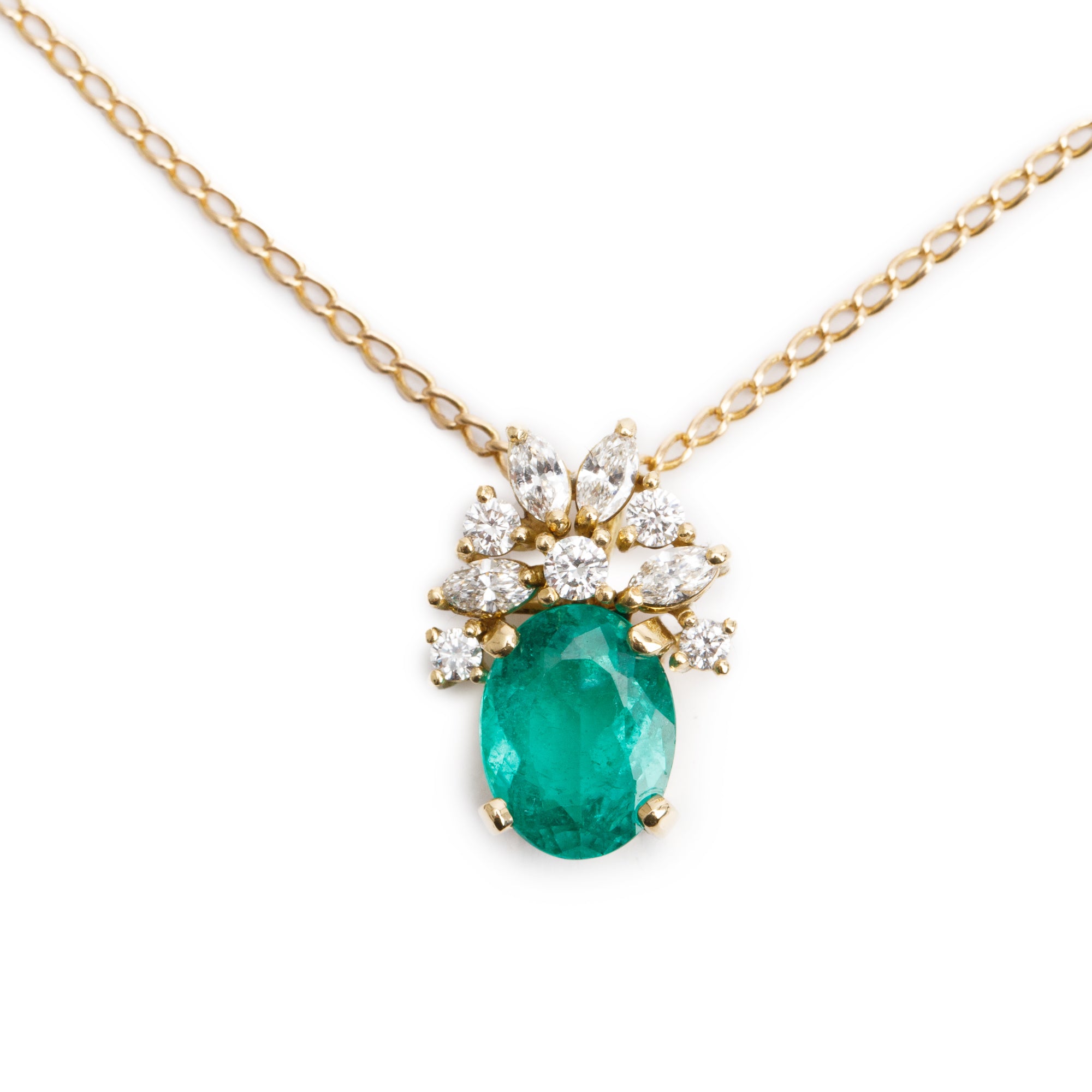 18k Yellow Gold Emerald & Diamond Pendant Necklace
