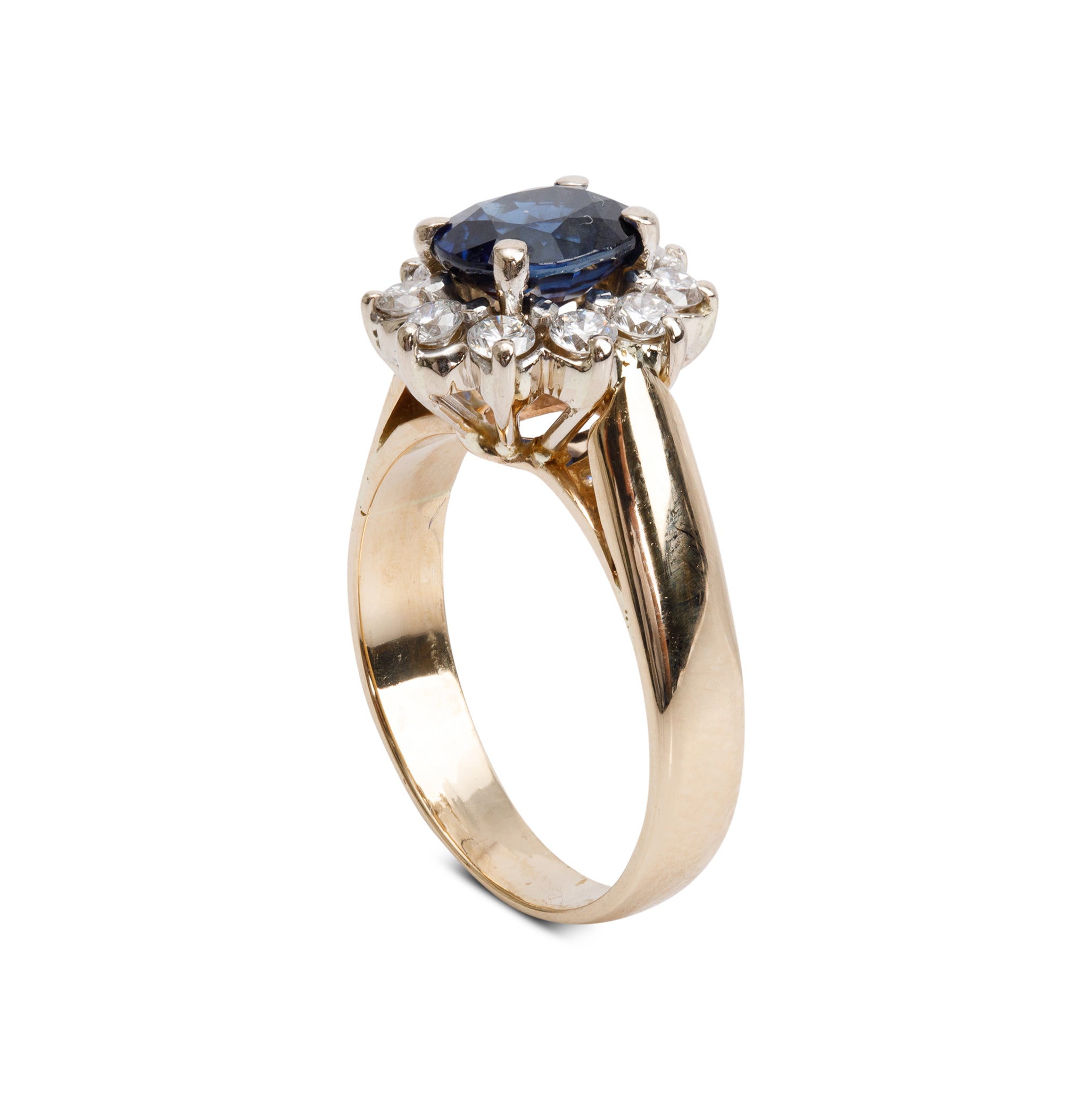 18k Yellow and White Gold Blue Sapphire & Diamond Cocktail Ring, Size 7.5