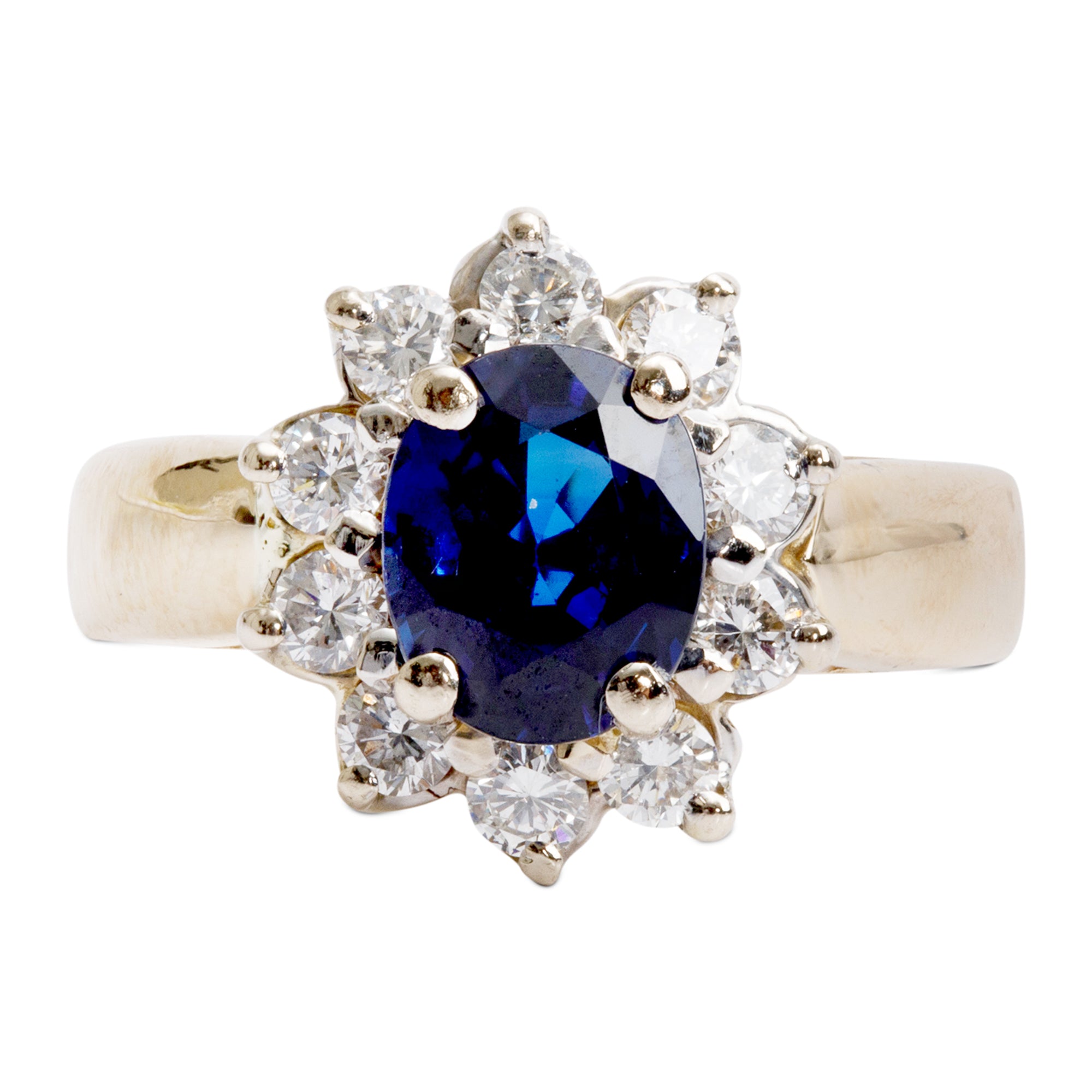 18k Yellow and White Gold Blue Sapphire & Diamond Cocktail Ring, Size 7.5
