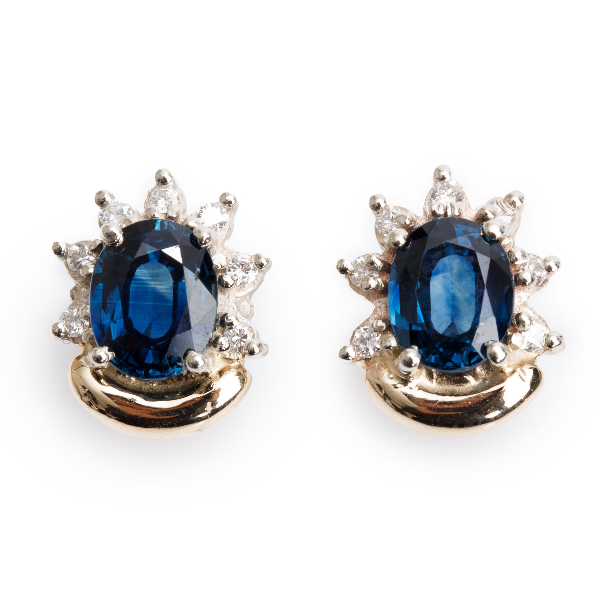 18k Yellow and White Gold Blue Sapphire & Diamond Earrings Stud Earrings