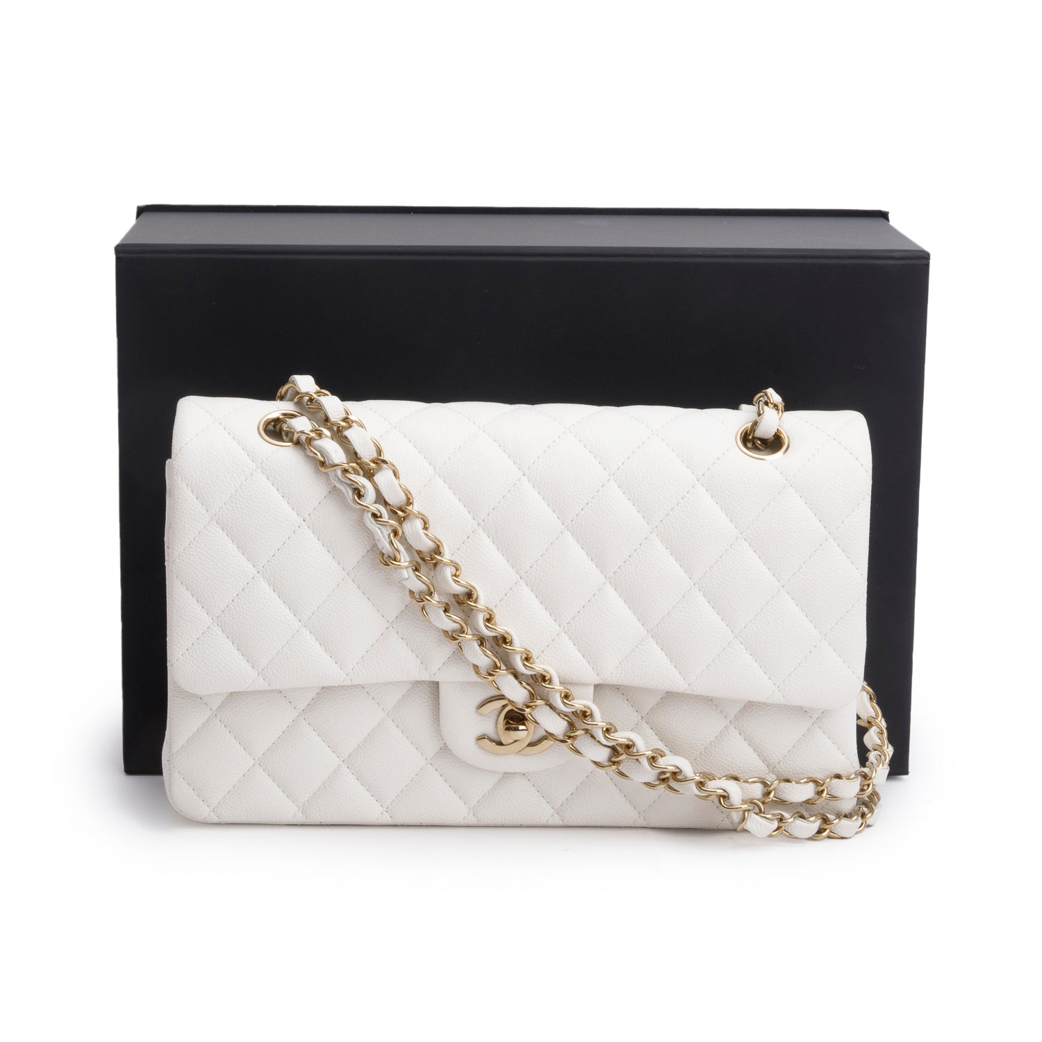 Chanel White Quilted Caviar Leather Classic Medium Double Flap Bag w/ Box