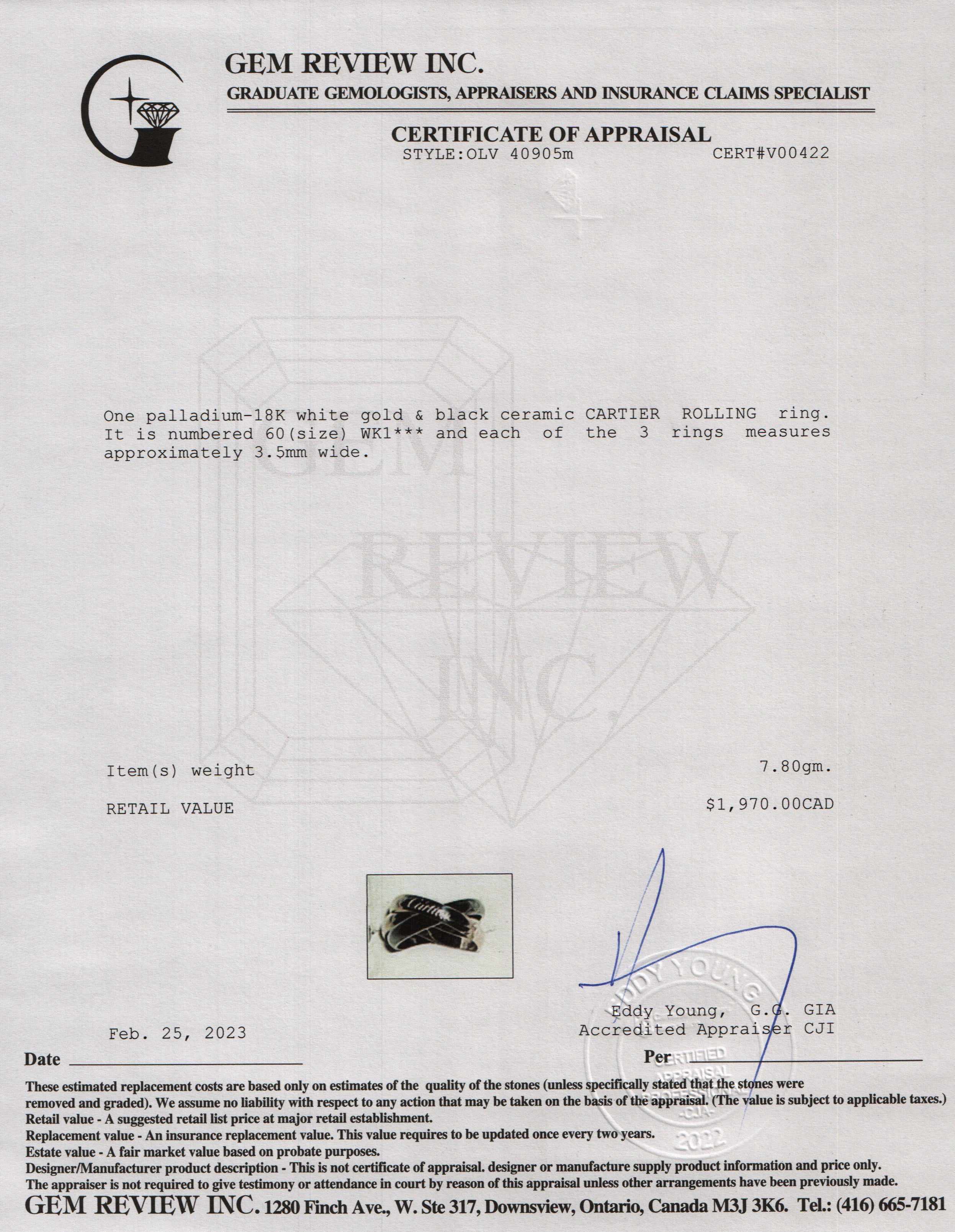 Cartier 18k White Gold & Ceramic Trinity Rolling Ring w/ Box, Certificate & Receipt