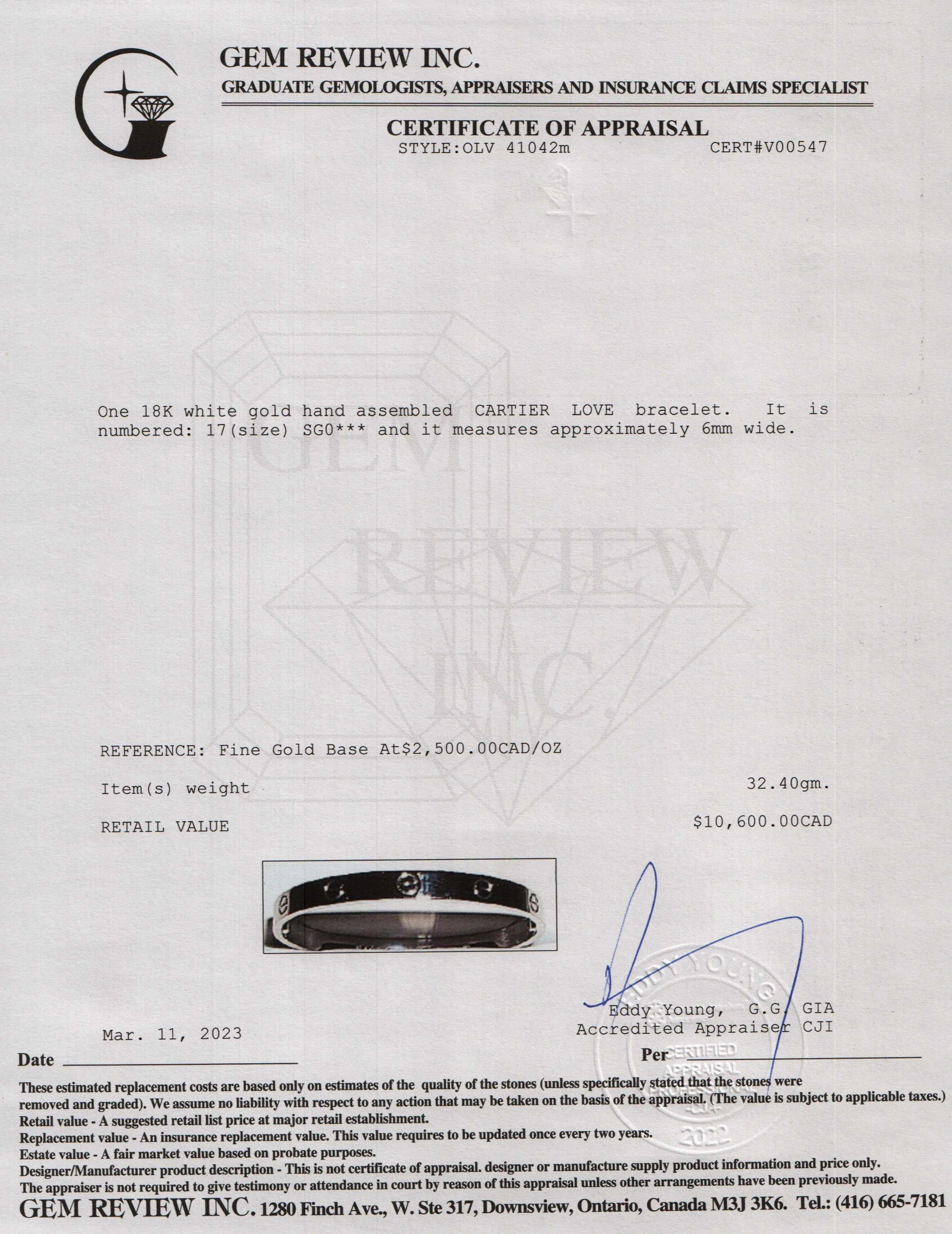 Cartier 18k White Gold Love Bracelet