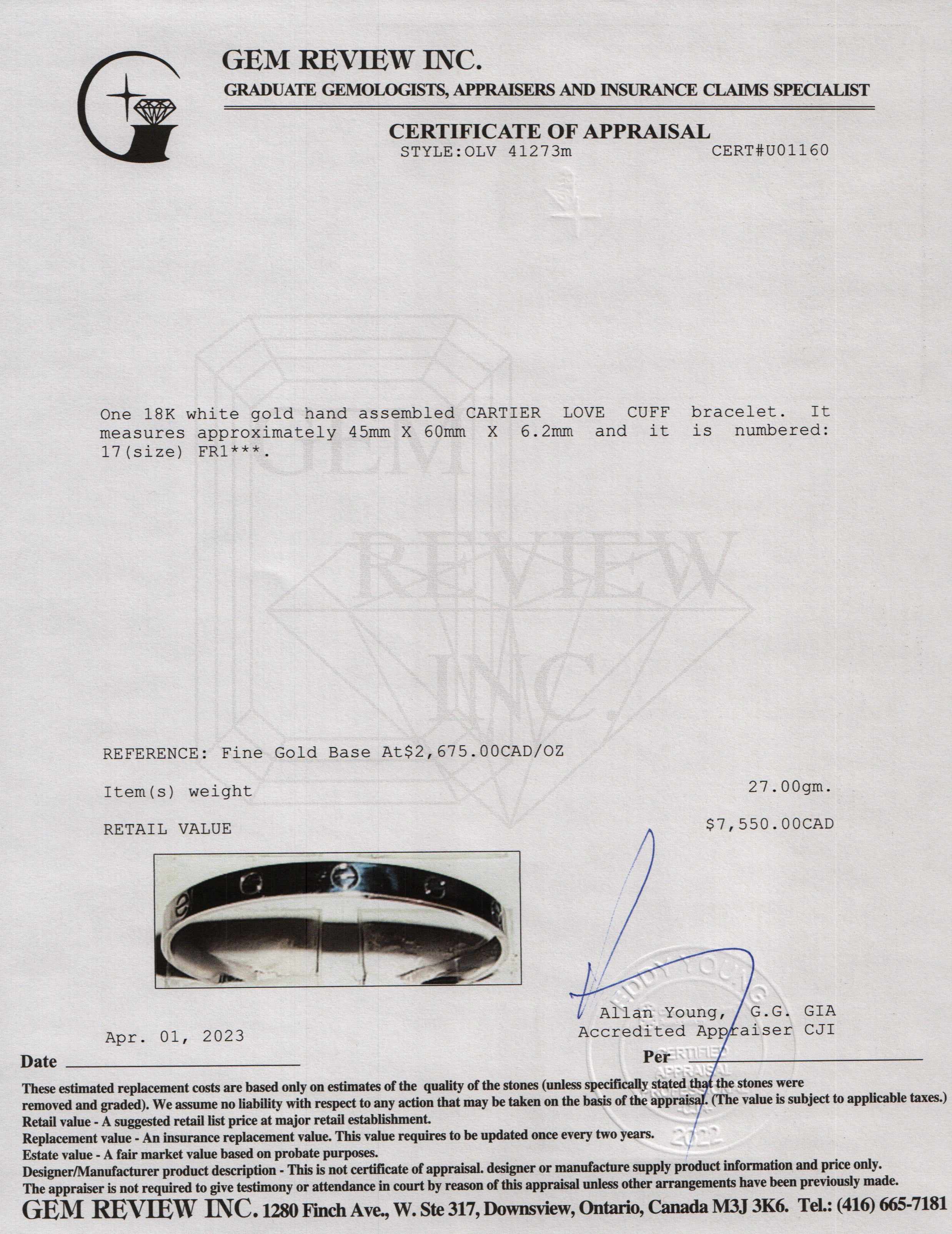 Cartier 18k White Gold Love Cuff Bracelet w/ Box