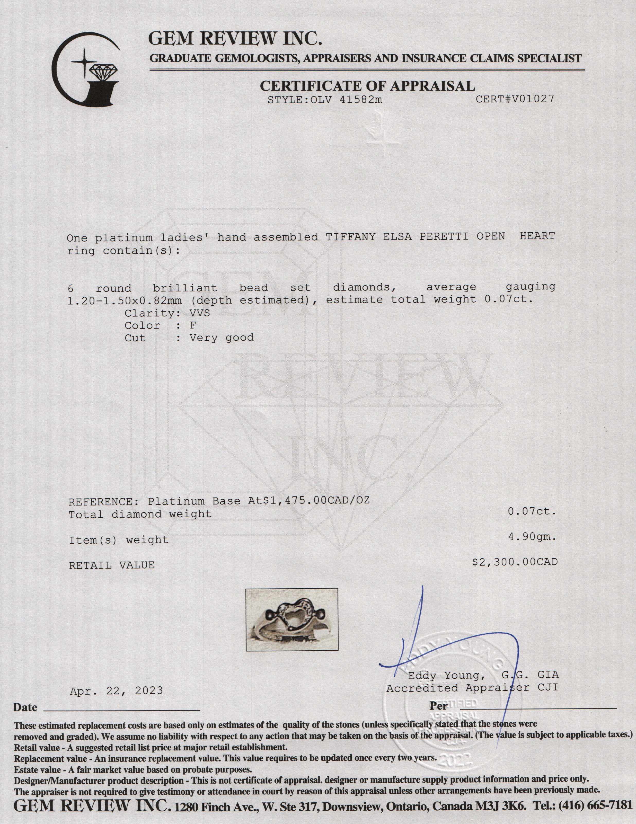 Tiffany & Co. Platinum Elsa Peretti Open Heart Diamond Ring