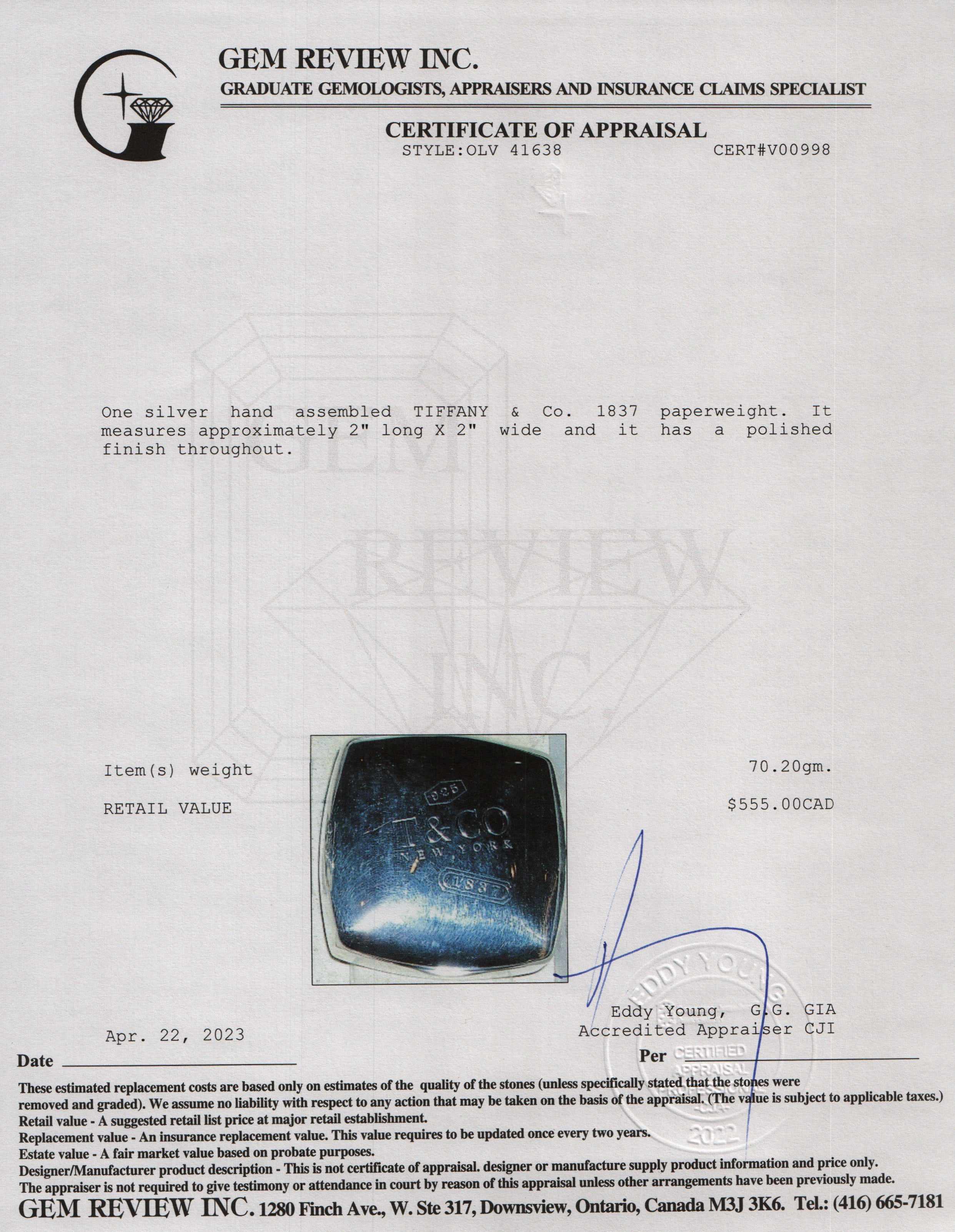 Tiffany & Co. Sterling Silver 1837 Paperweight