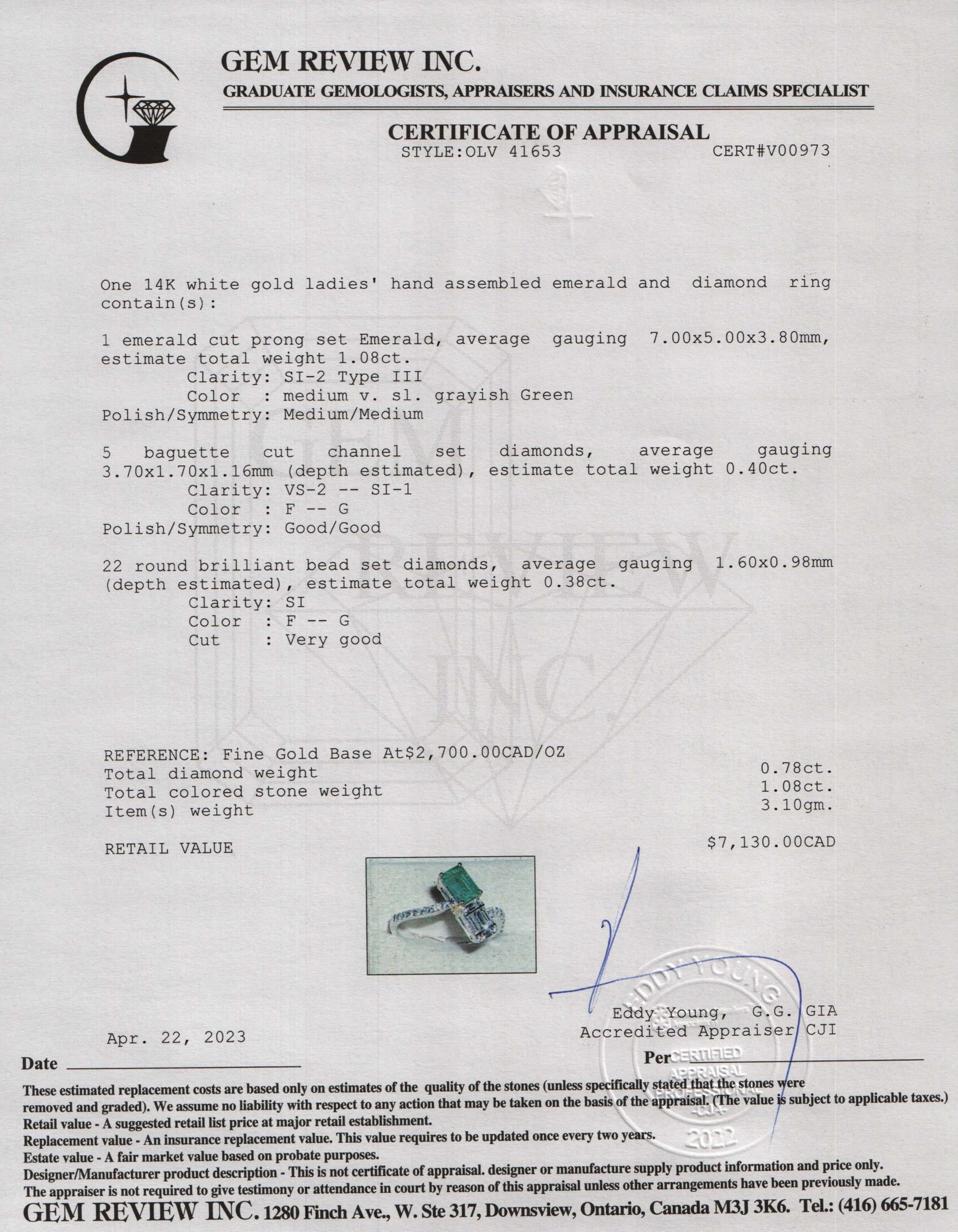 14k White Gold Emerald & Diamond Ring