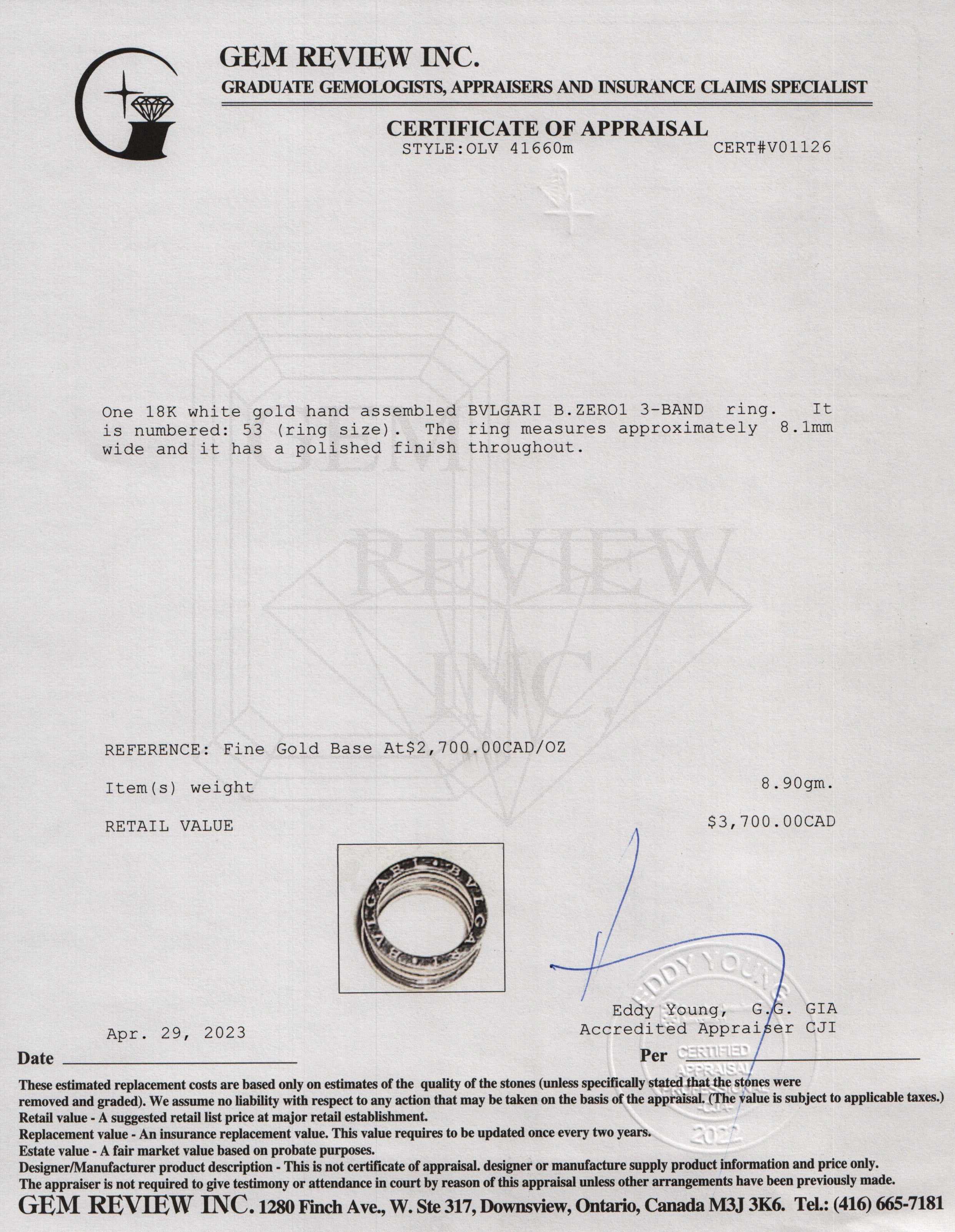 BVLGARI 18k White Gold B.Zero1 3-Band Ring