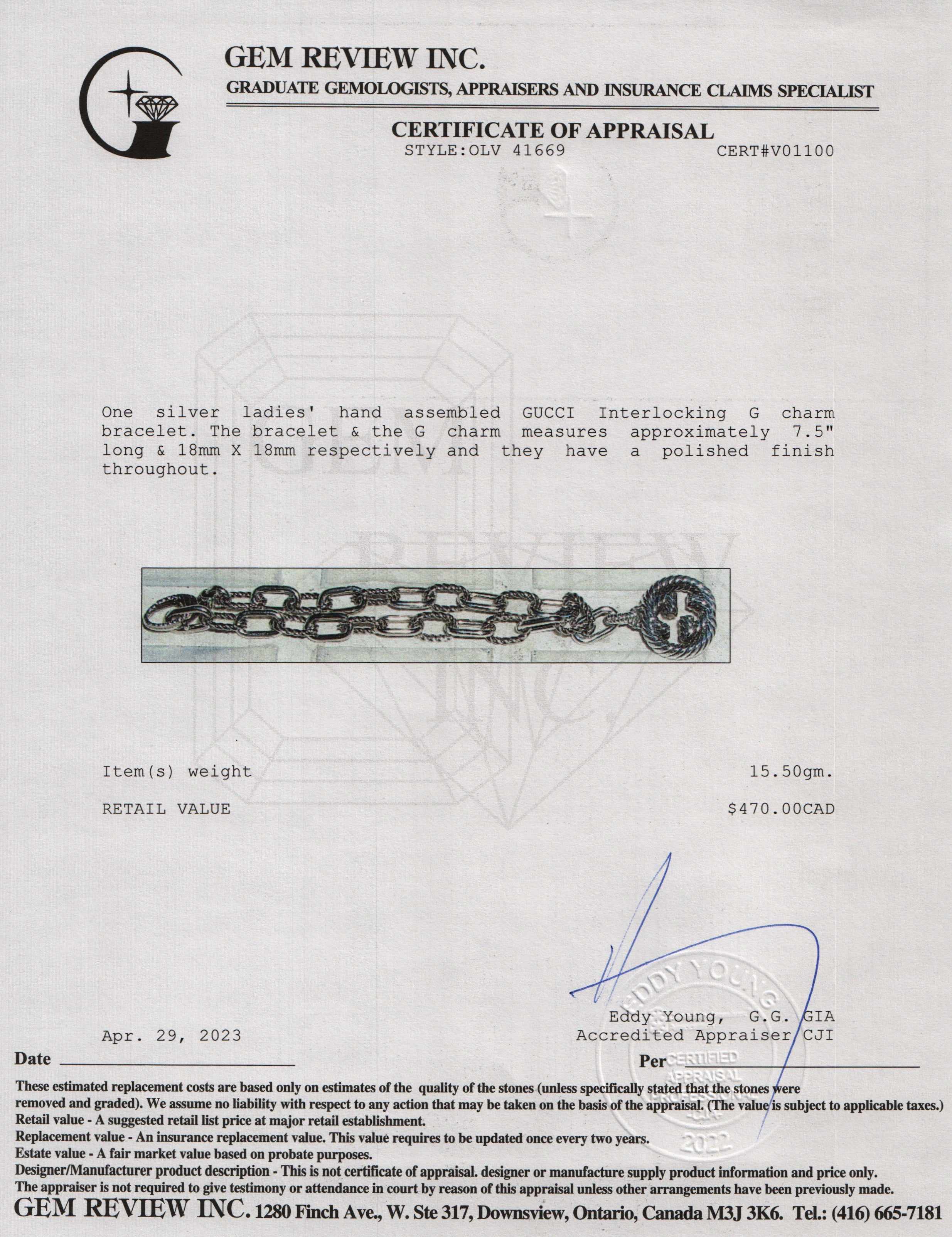 Gucci Sterling Silver Twisted G Charm Bracelet w/ Box