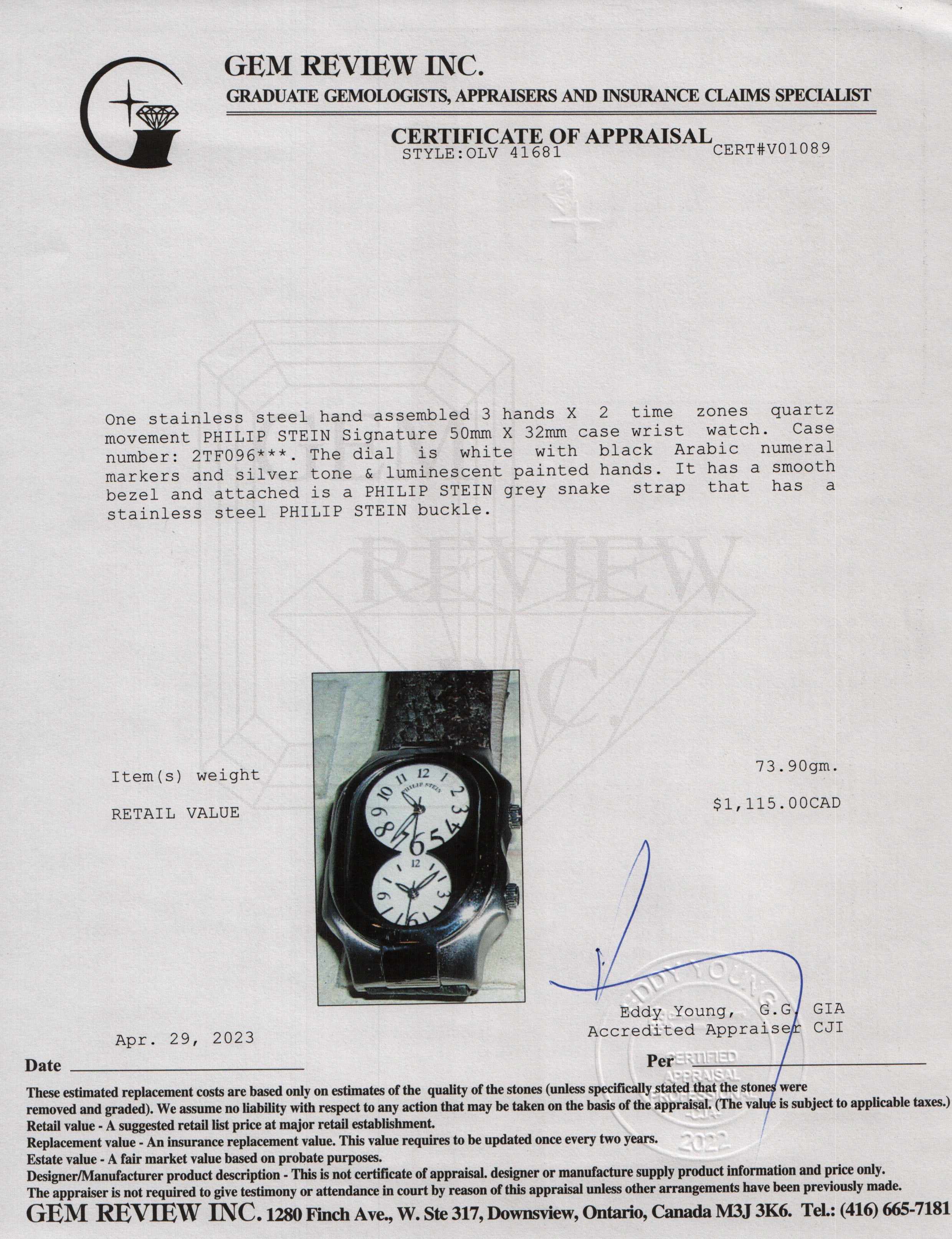 Philip Stein Signature Quartz Watch w/ Box & Papers