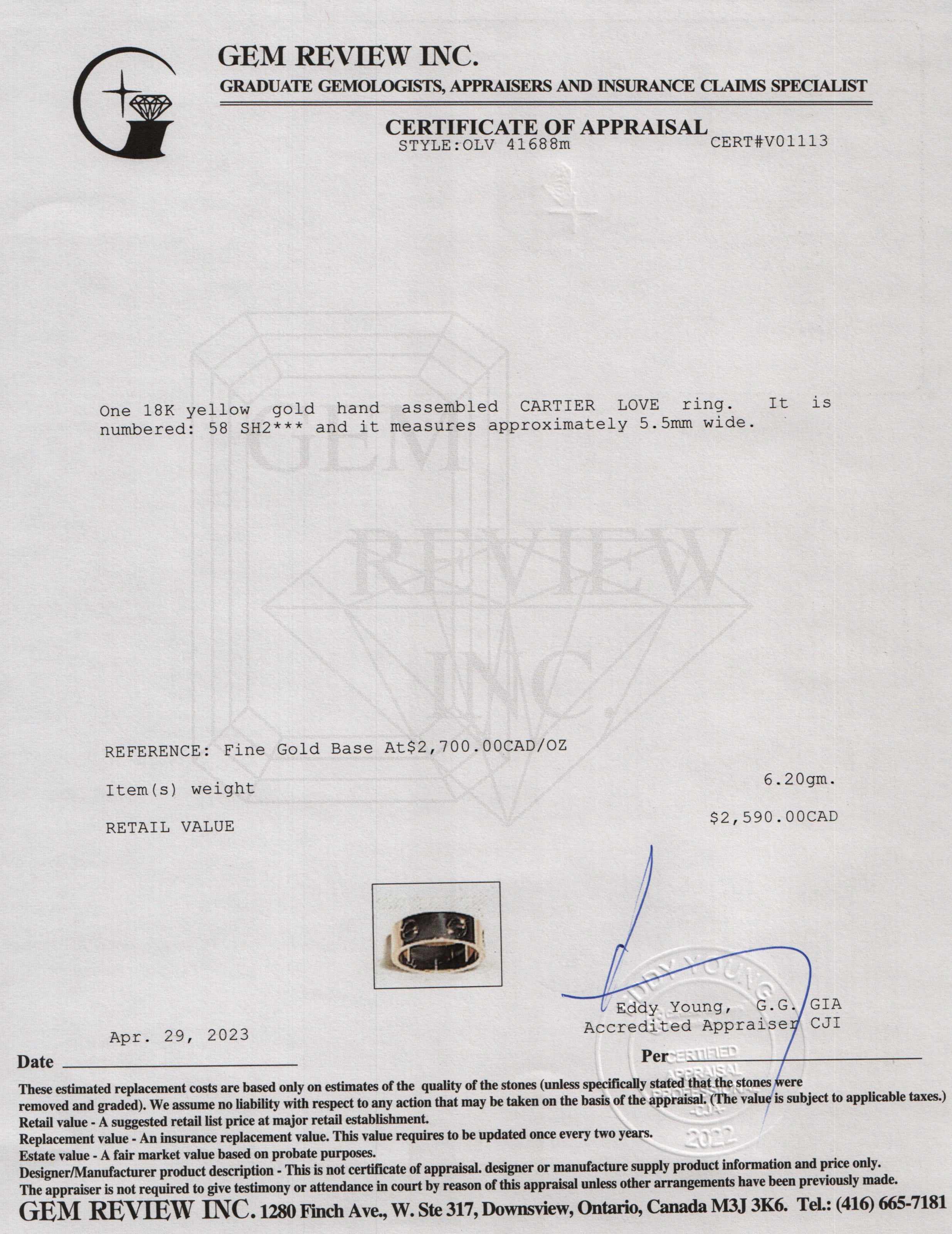 Cartier 18k Yellow Gold 5.5 MM Love Ring