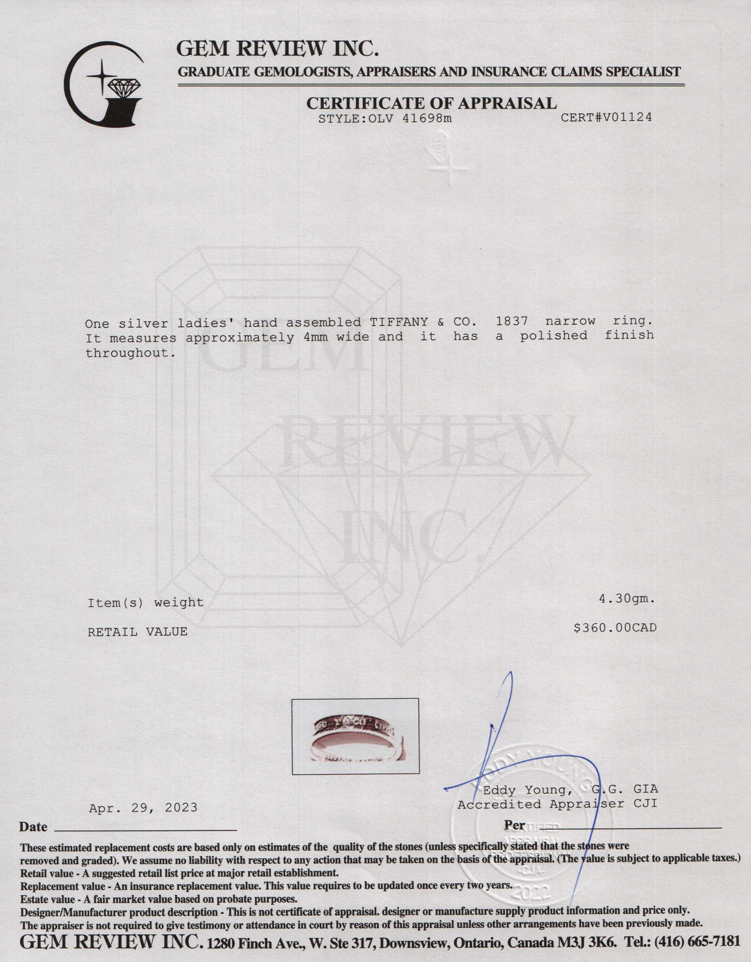 Tiffany & Co. Sterling Silver 1837 Narrow Ring