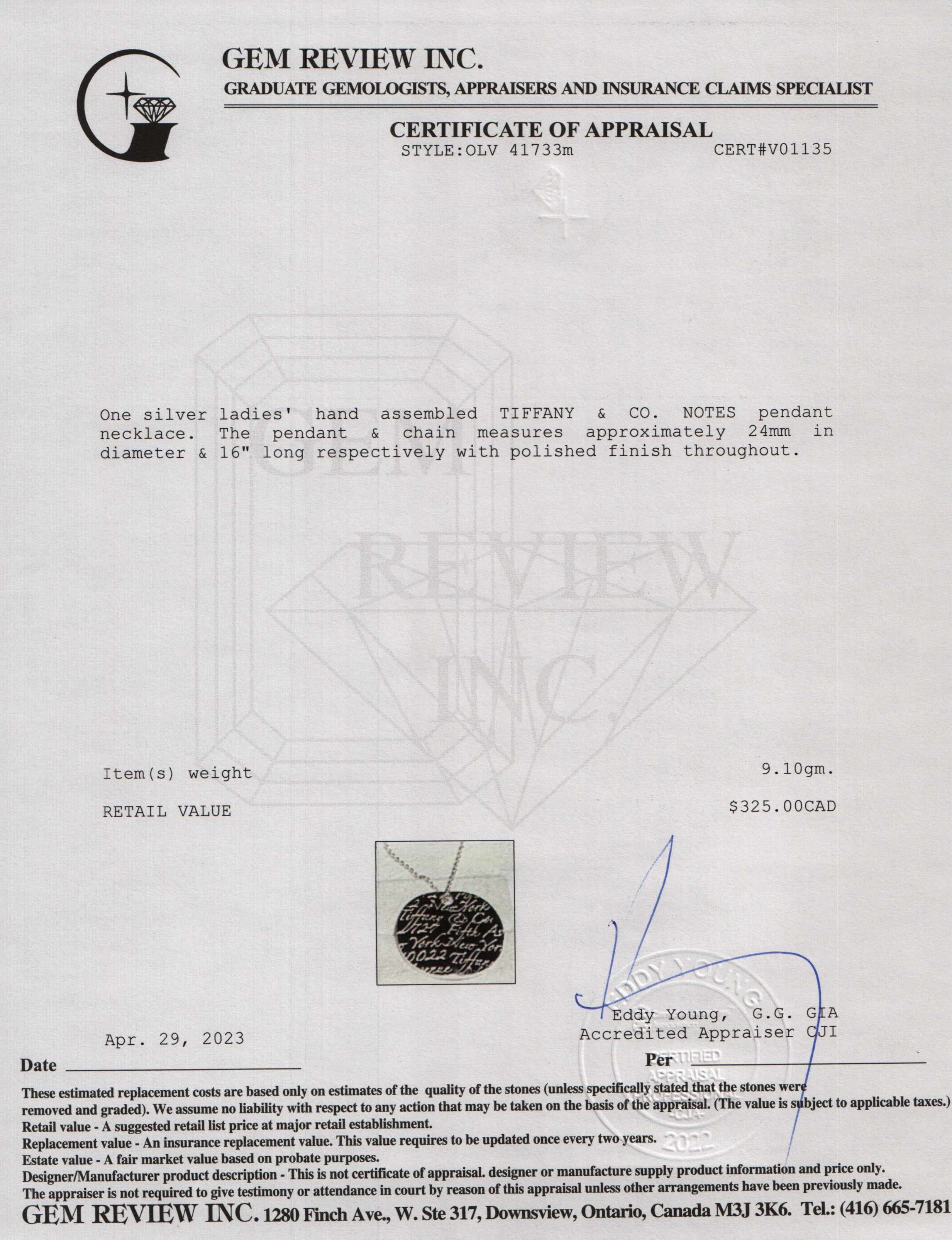 Tiffany & Co. Small Notes Round Pendant Necklace