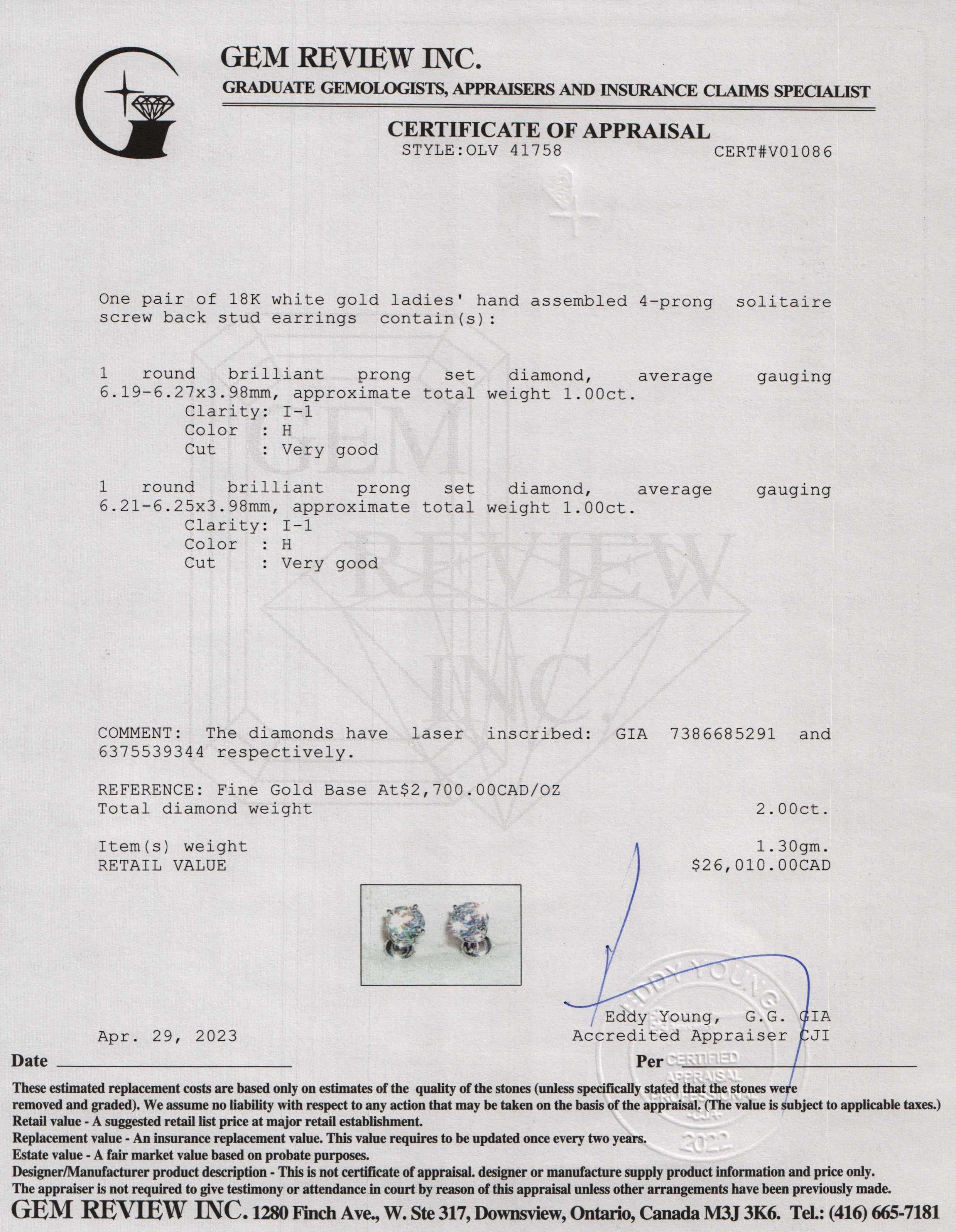 18k White Gold 2.00 tcw. Diamond Stud Earrings w/ GIA Diamond Certificates