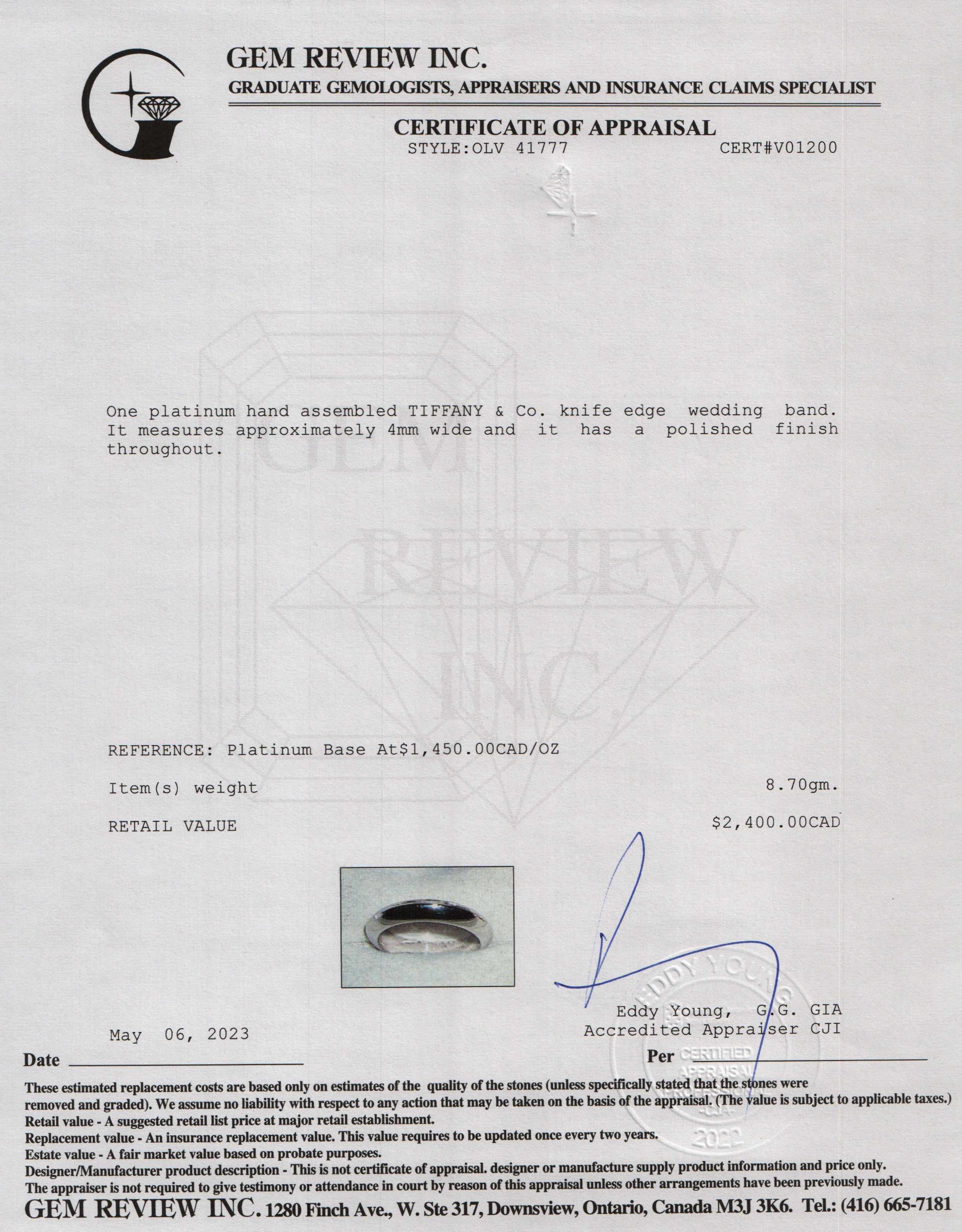 Tiffany & Co. Platinum Knife Edge Wedding Band Ring, 4MM