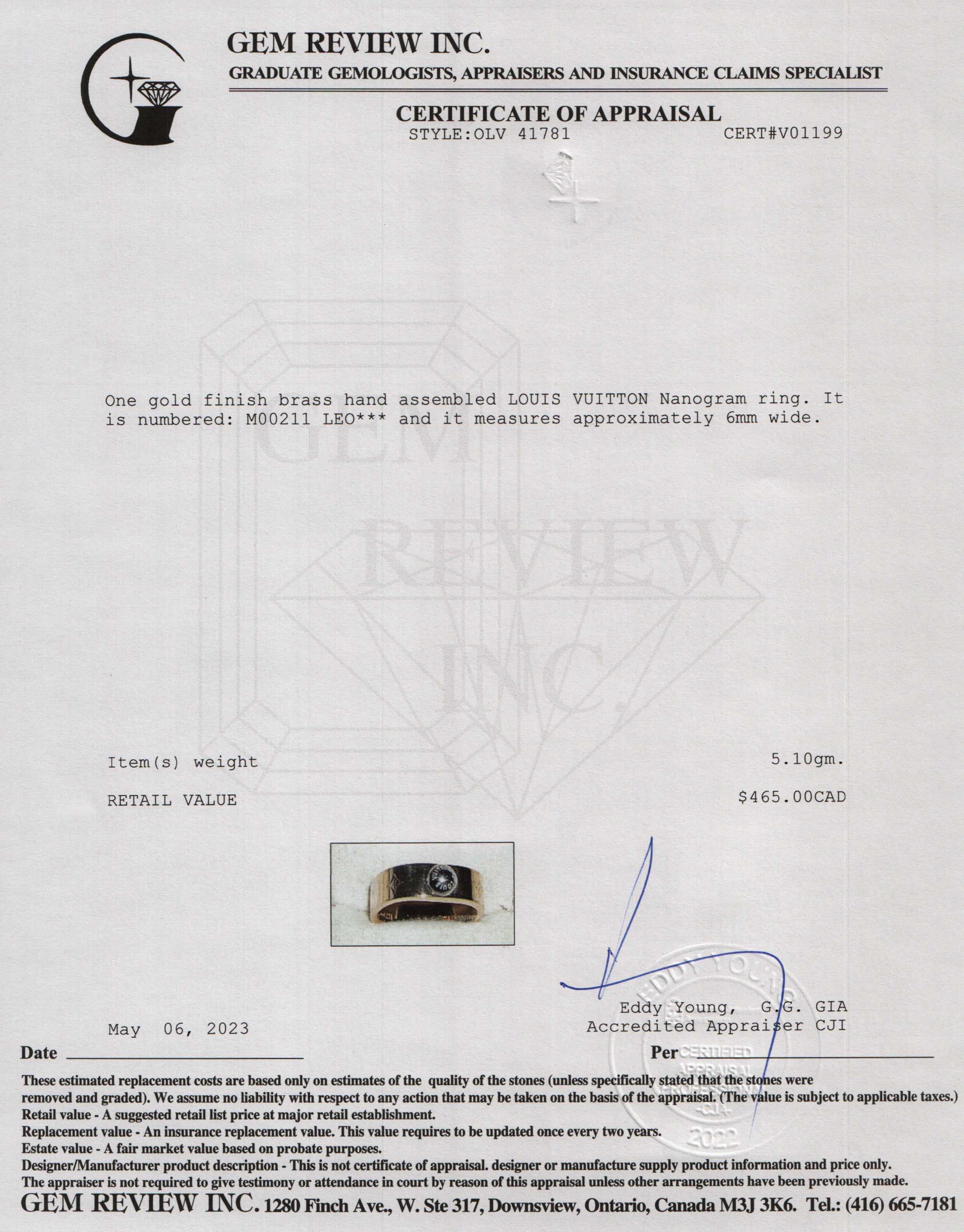 Louis Vuitton Nanogram Ring w/ Box