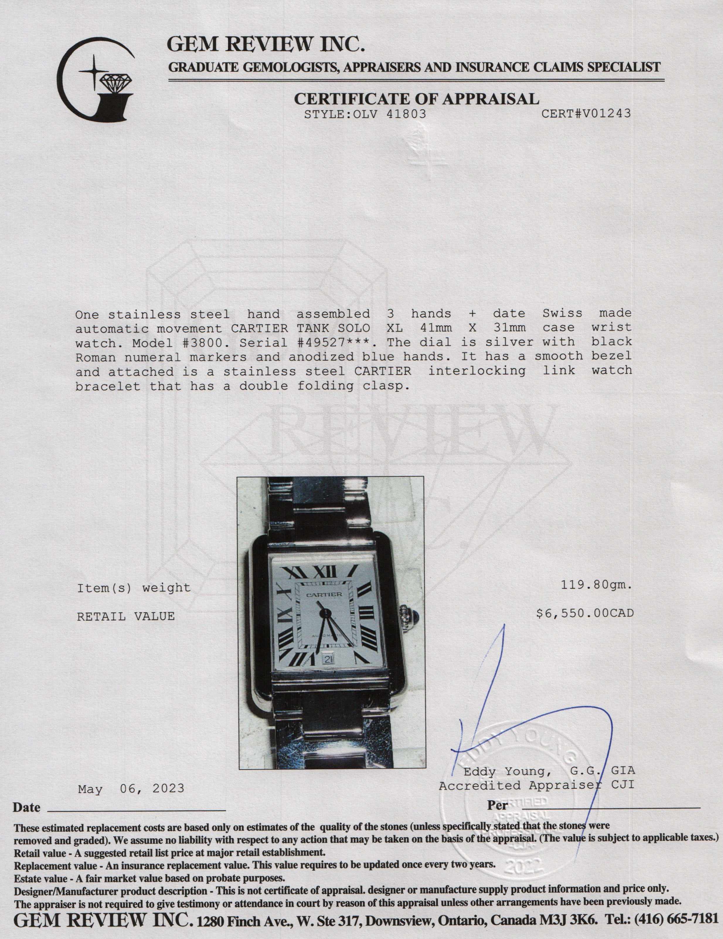 Cartier Tank Solo XL Automatic Watch w/ Box & Papers
