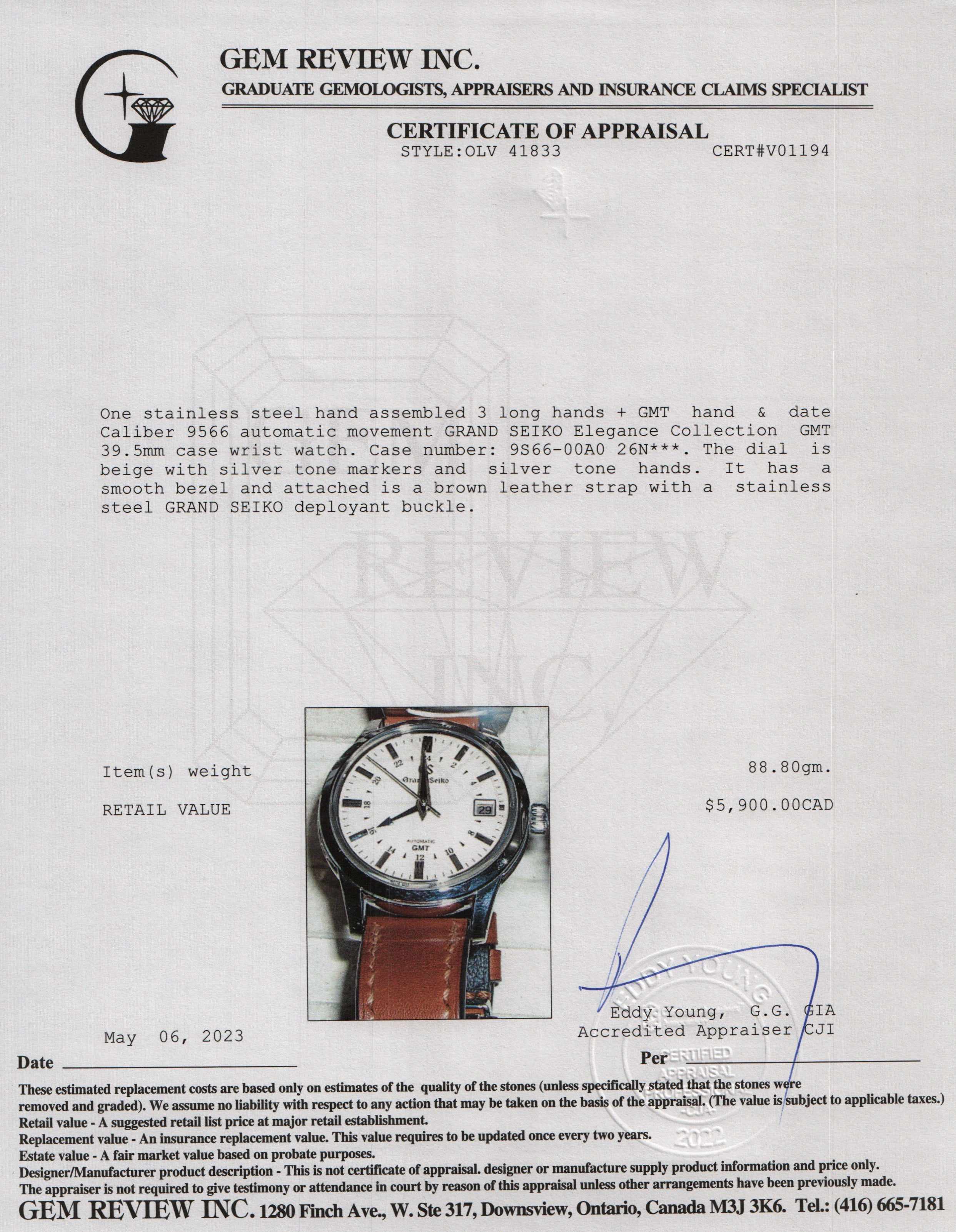 Grand Seiko Elegance GMT Automatic Watch w/ Box & Papers