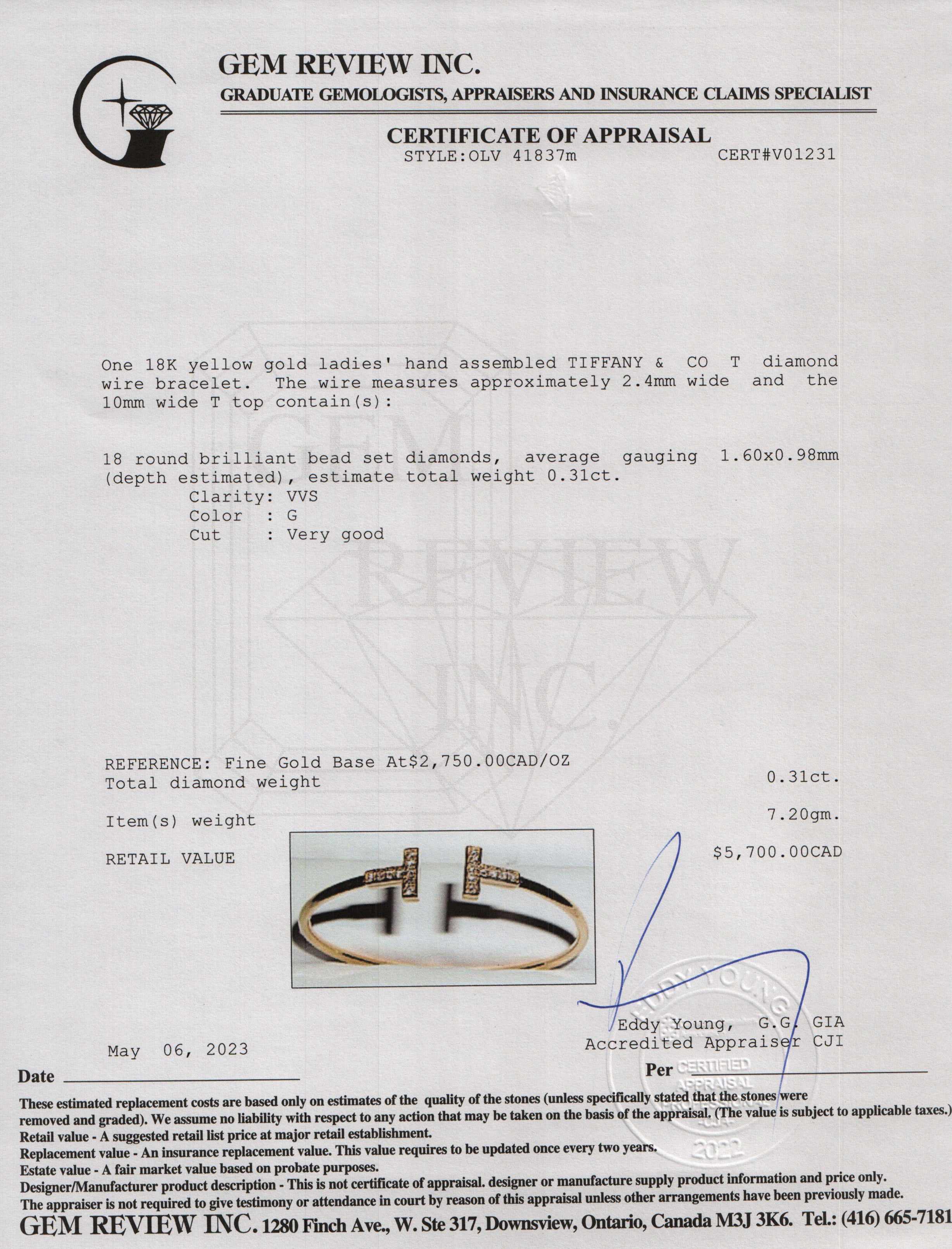 Tiffany & Co. 18k Rose Gold Diamond T Wire Bracelet