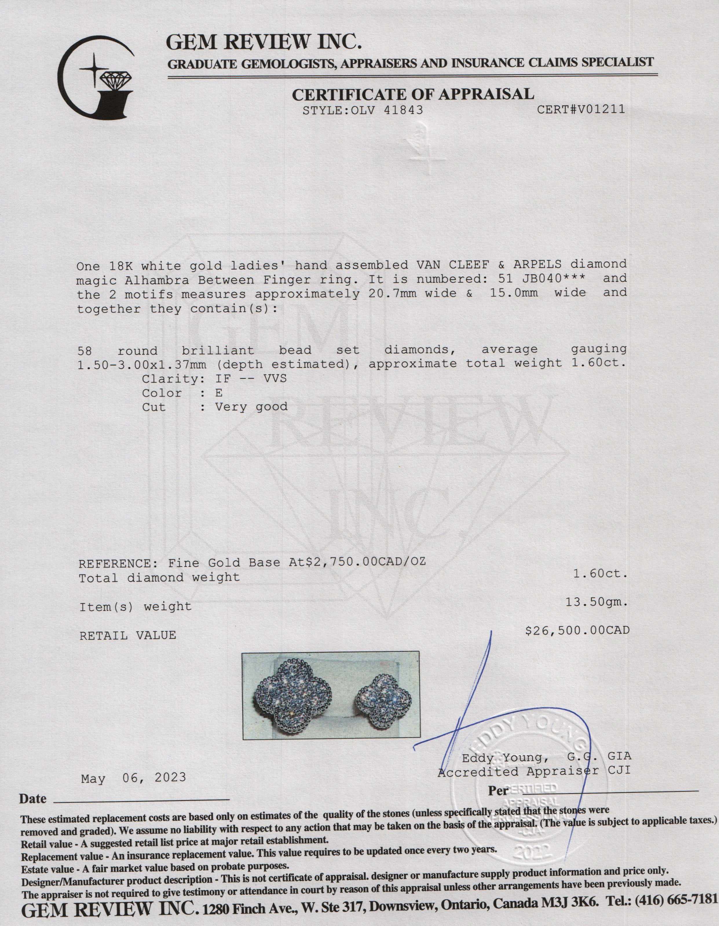 Van Cleef & Arpels 18k White Gold & Diamond Magic Alhambra Between the Finger Ring