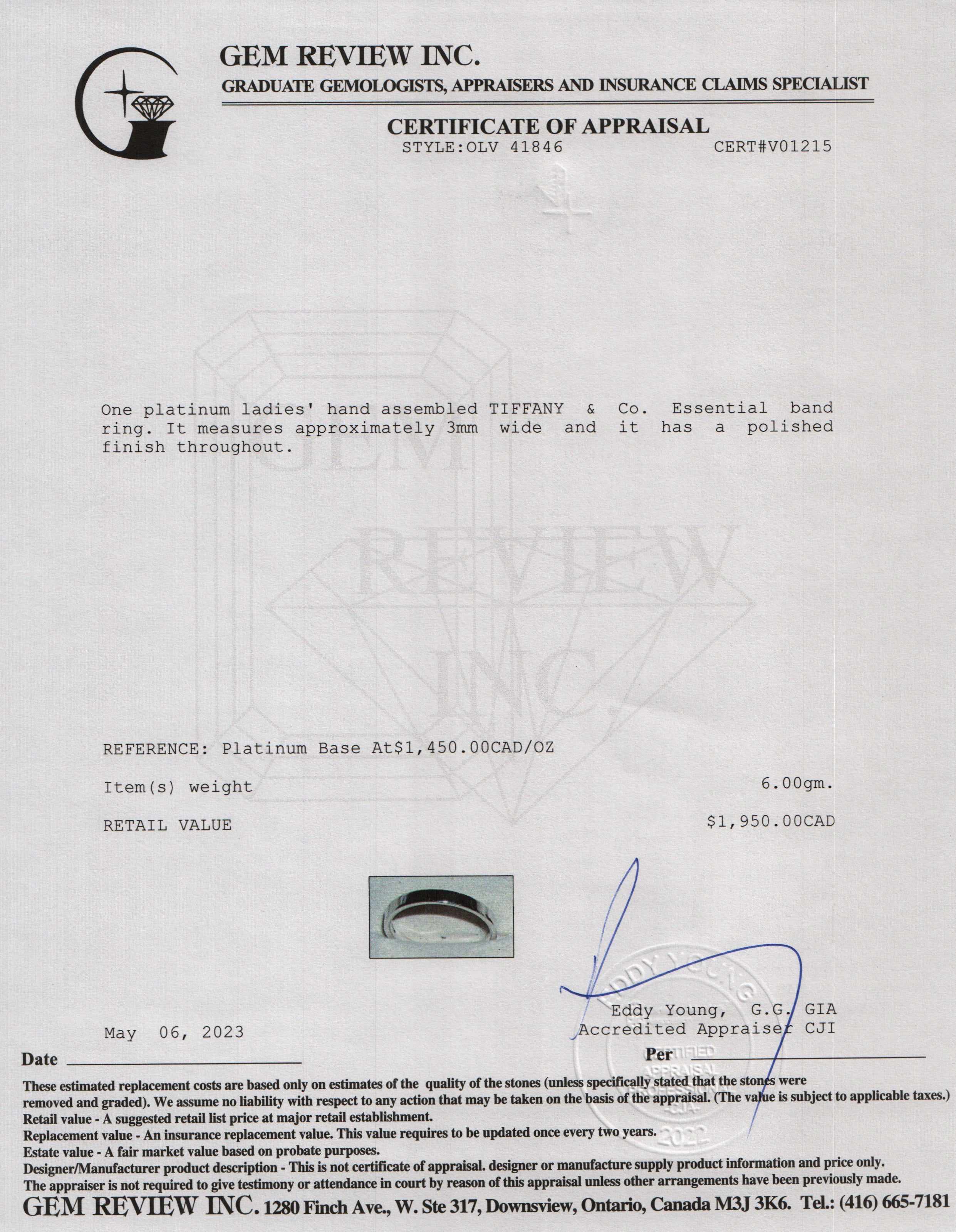 Tiffany & Co. Platinum Essential Band Ring, 3MM