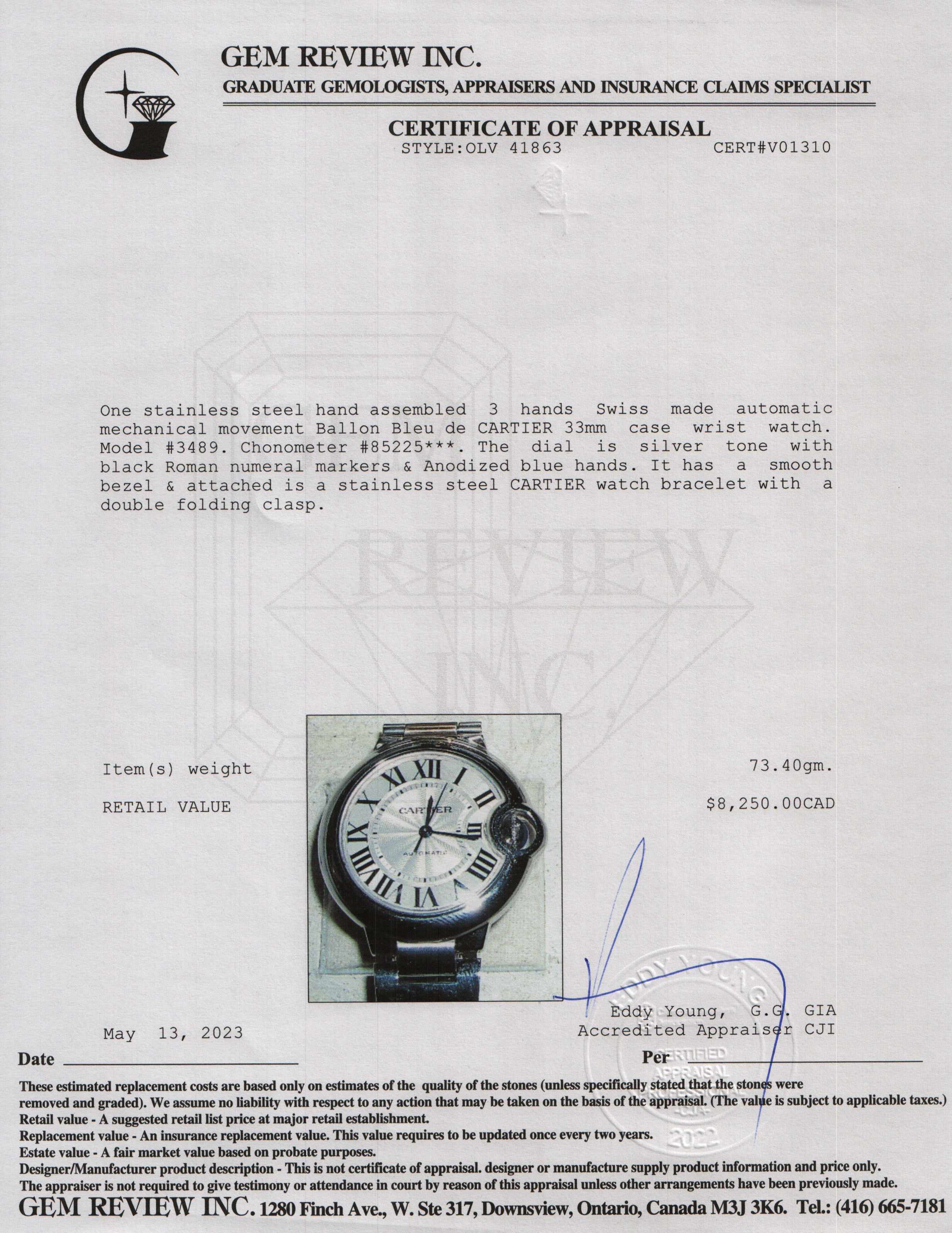 Cartier Ballon Bleu de Cartier 33 MM Automatic Watch w/ Box & Receipt