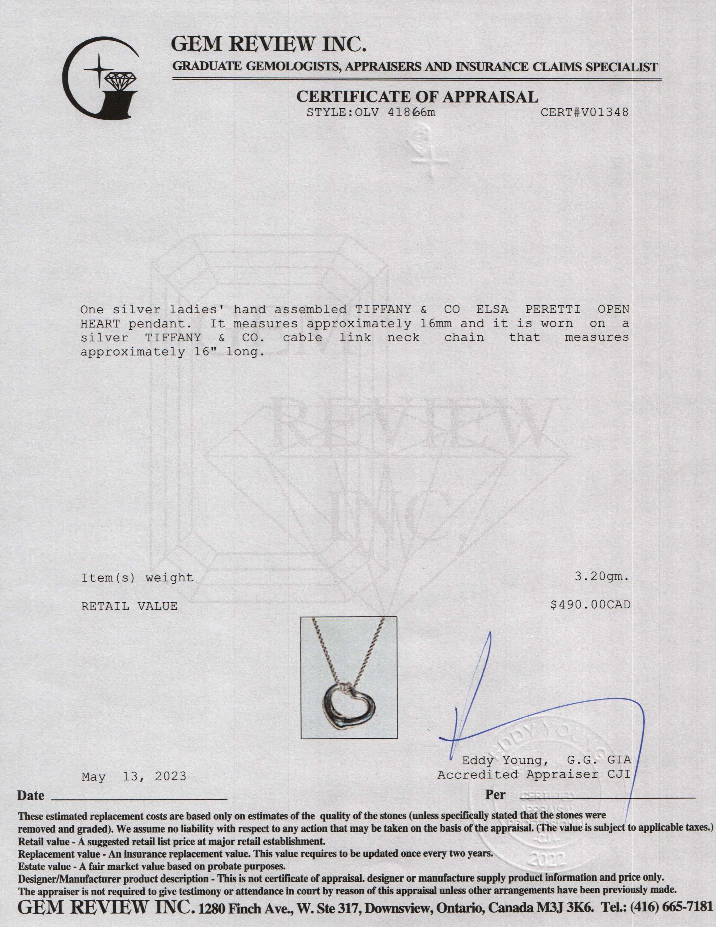 Tiffany & Co. Elsa Peretti Open Heart Pendant Necklace, 16 MM
