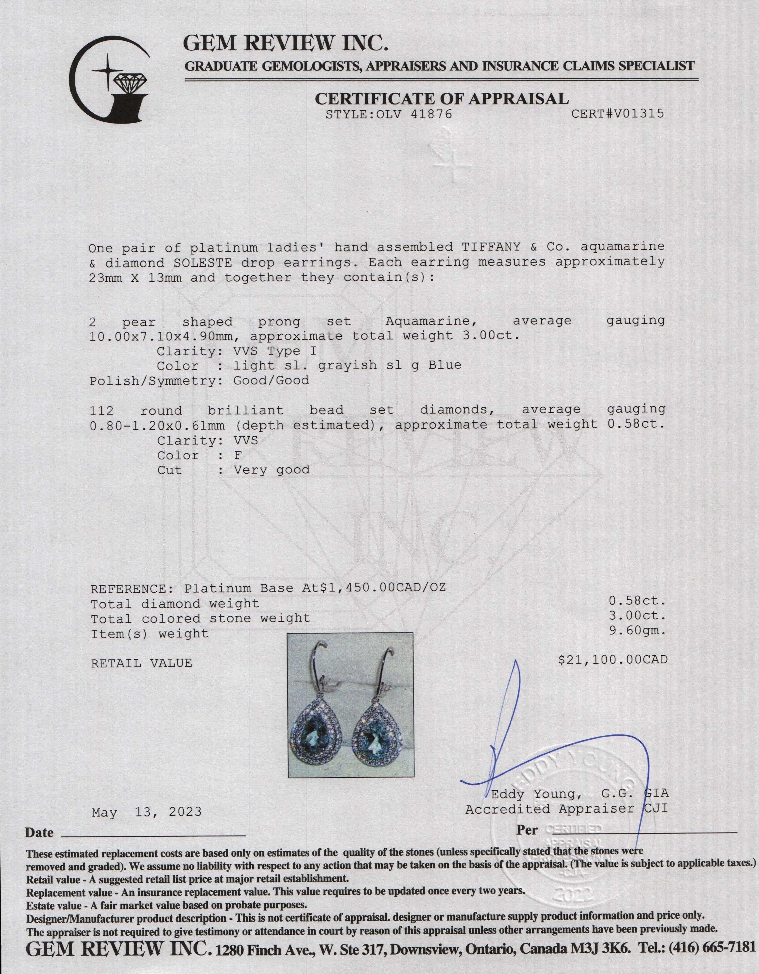 Tiffany & Co. Platinum Aquamarine & Diamond Soleste Drop Earrings w/ Box