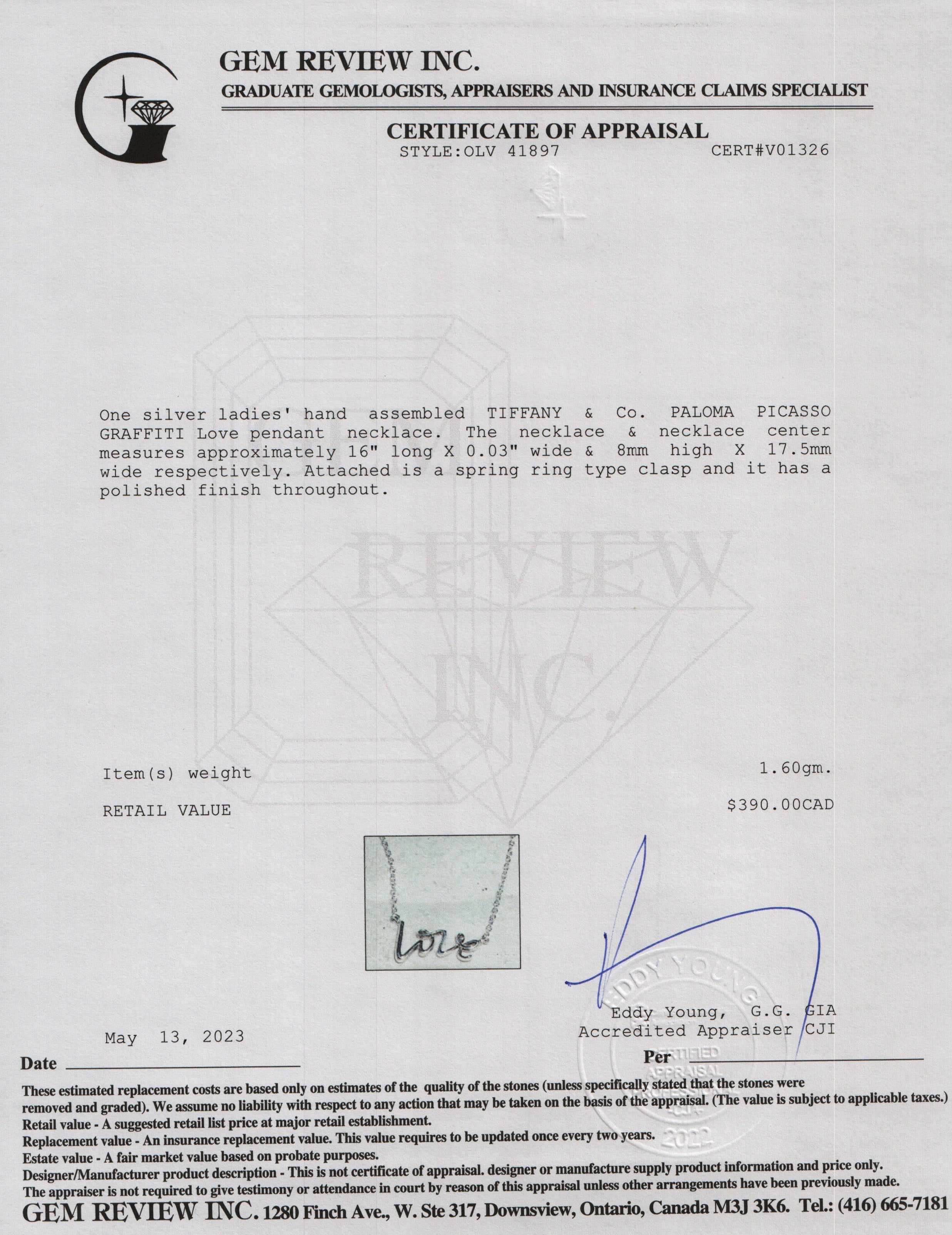 Tiffany & Co. Paloma Picasso Graffiti Love Pendant Necklace