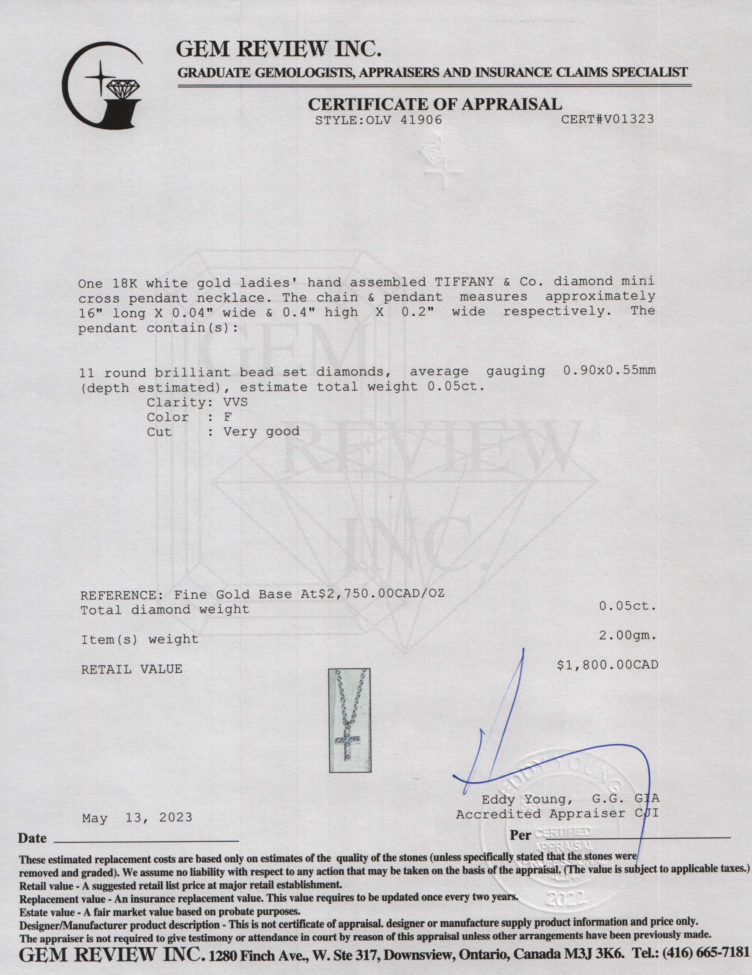 Tiffany & Co. 18k White Gold Diamond Mini Cross Pendant Necklace