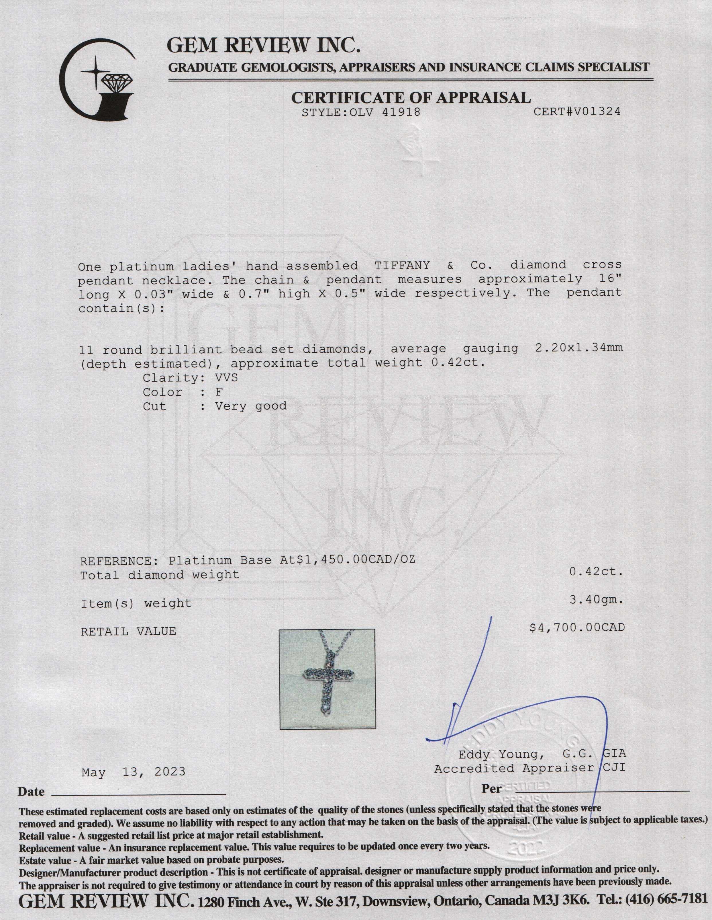 Tiffany & Co. Platinum Small Diamond Cross Pendant Necklace