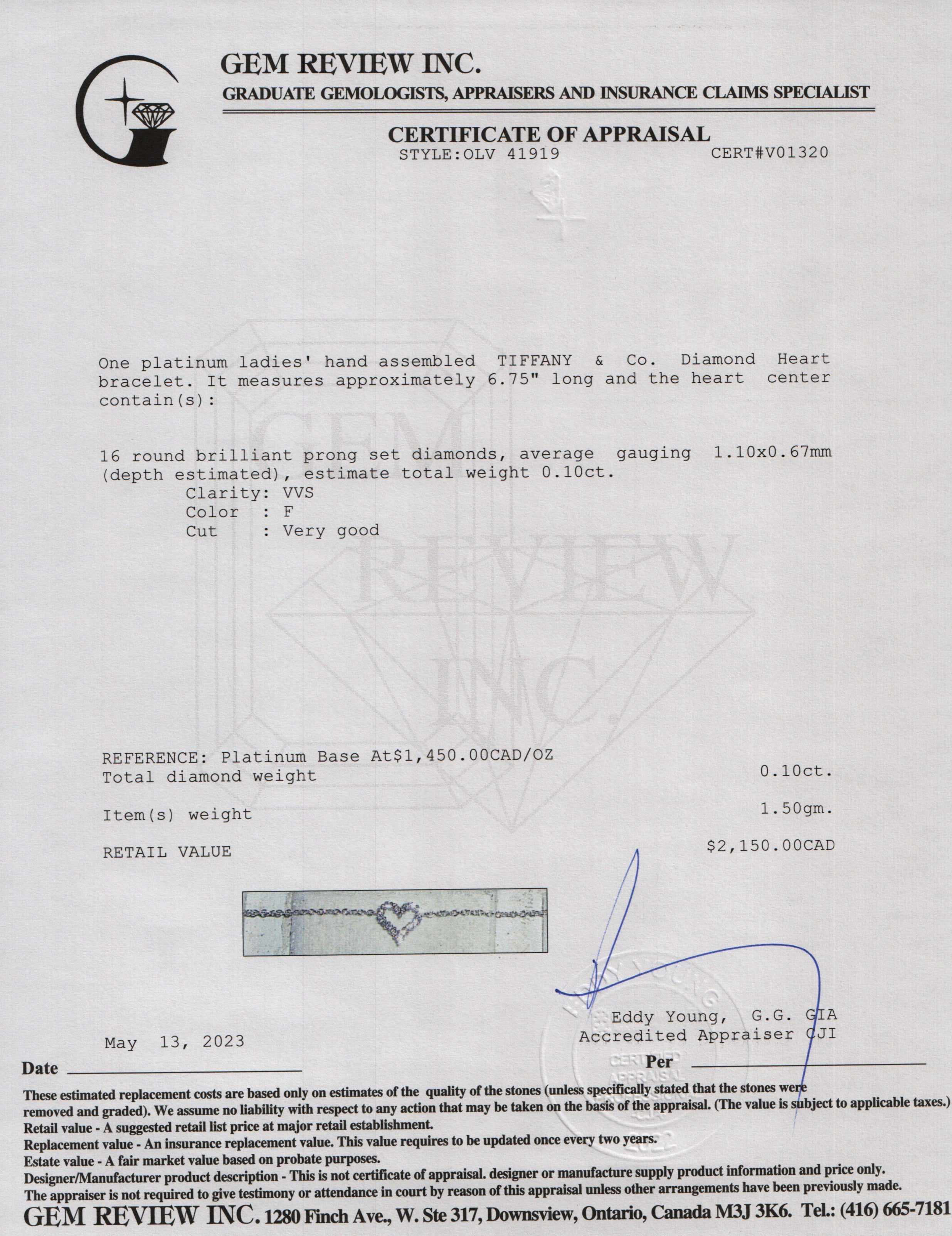 Tiffany & Co. Platinum Diamond Mini Heart Bracelet