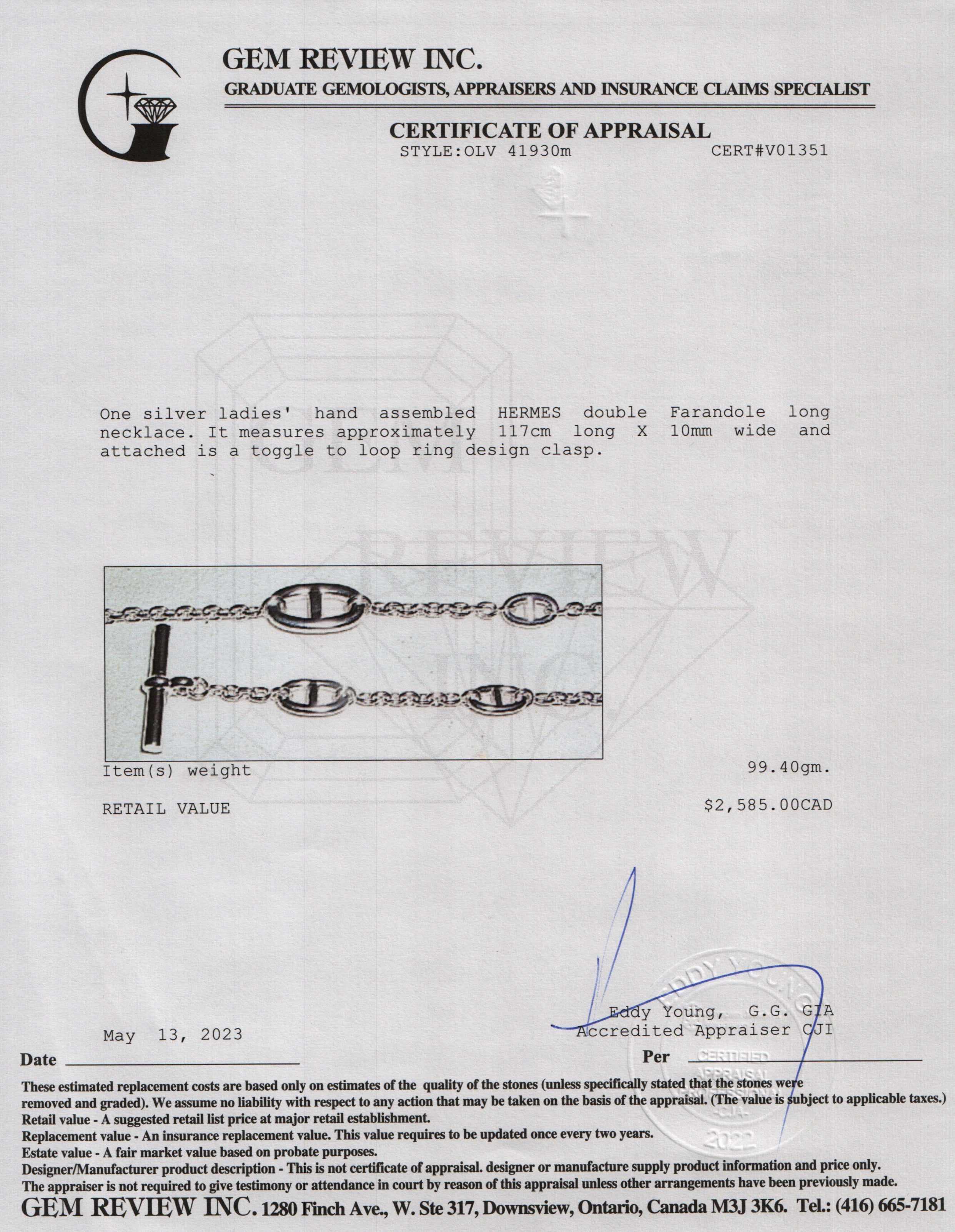 Hermes Sterling Silver Farandole Long Necklace