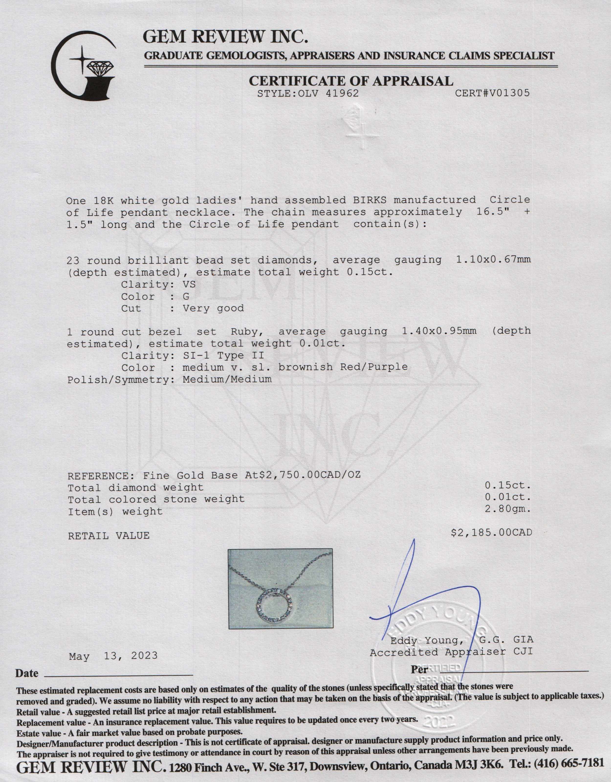 Birks 18k White Gold Diamond Circle of Life Pendant Necklace